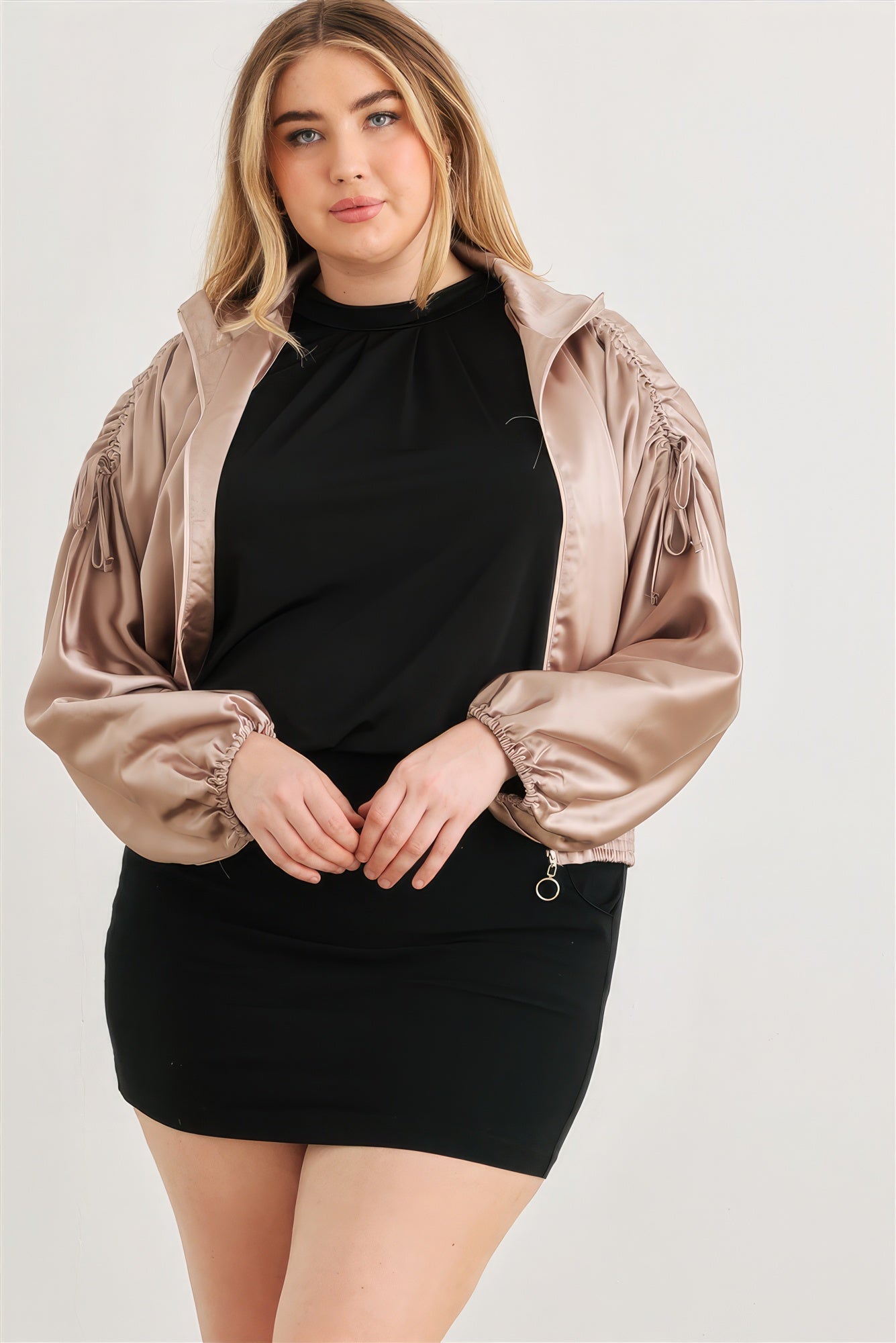 Plus Satin Zip-up Ruched Long Sleeve Cropped Bomber Jacket - ThingsWeUseAndLove 