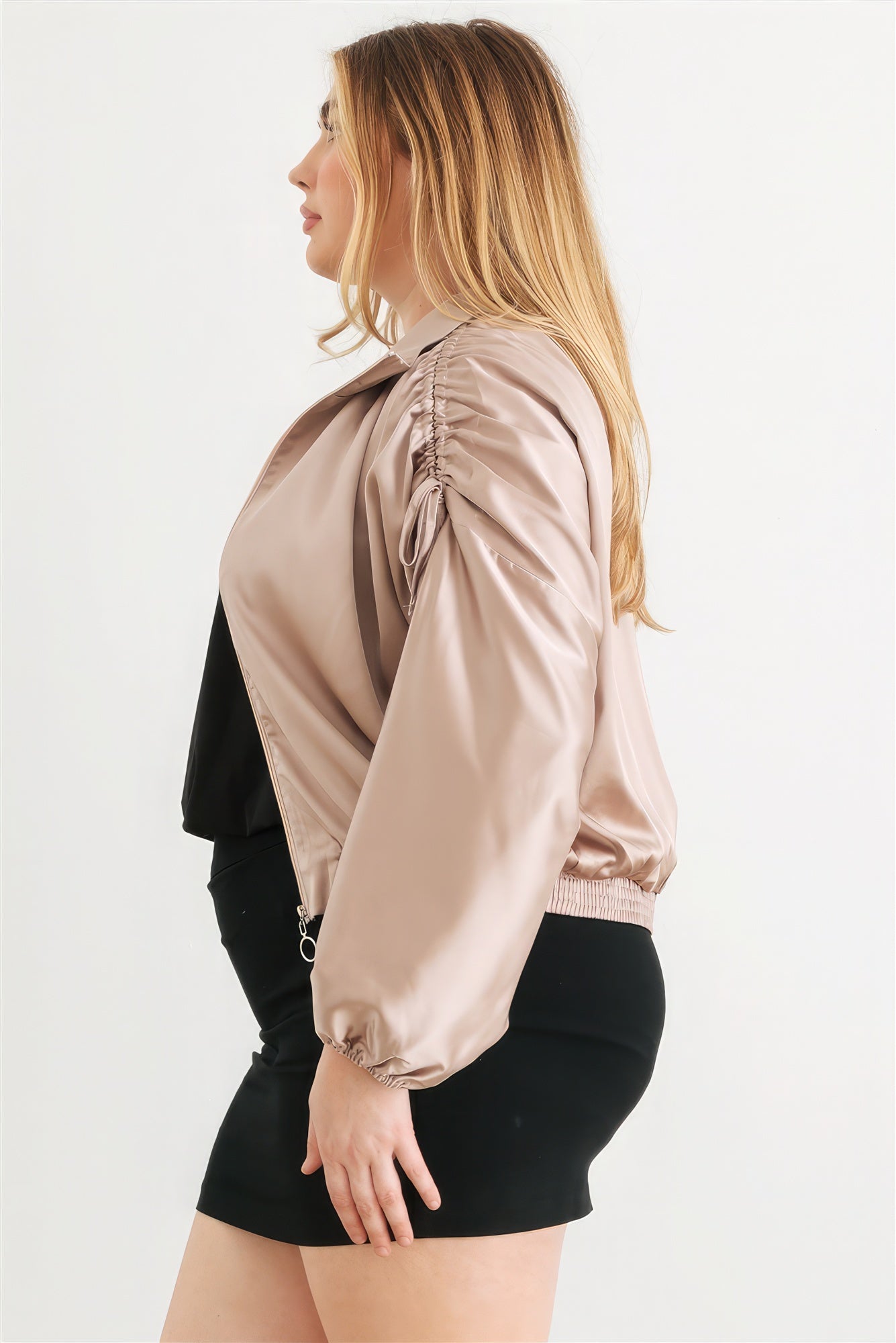 Plus Satin Zip-up Ruched Long Sleeve Cropped Bomber Jacket - ThingsWeUseAndLove 