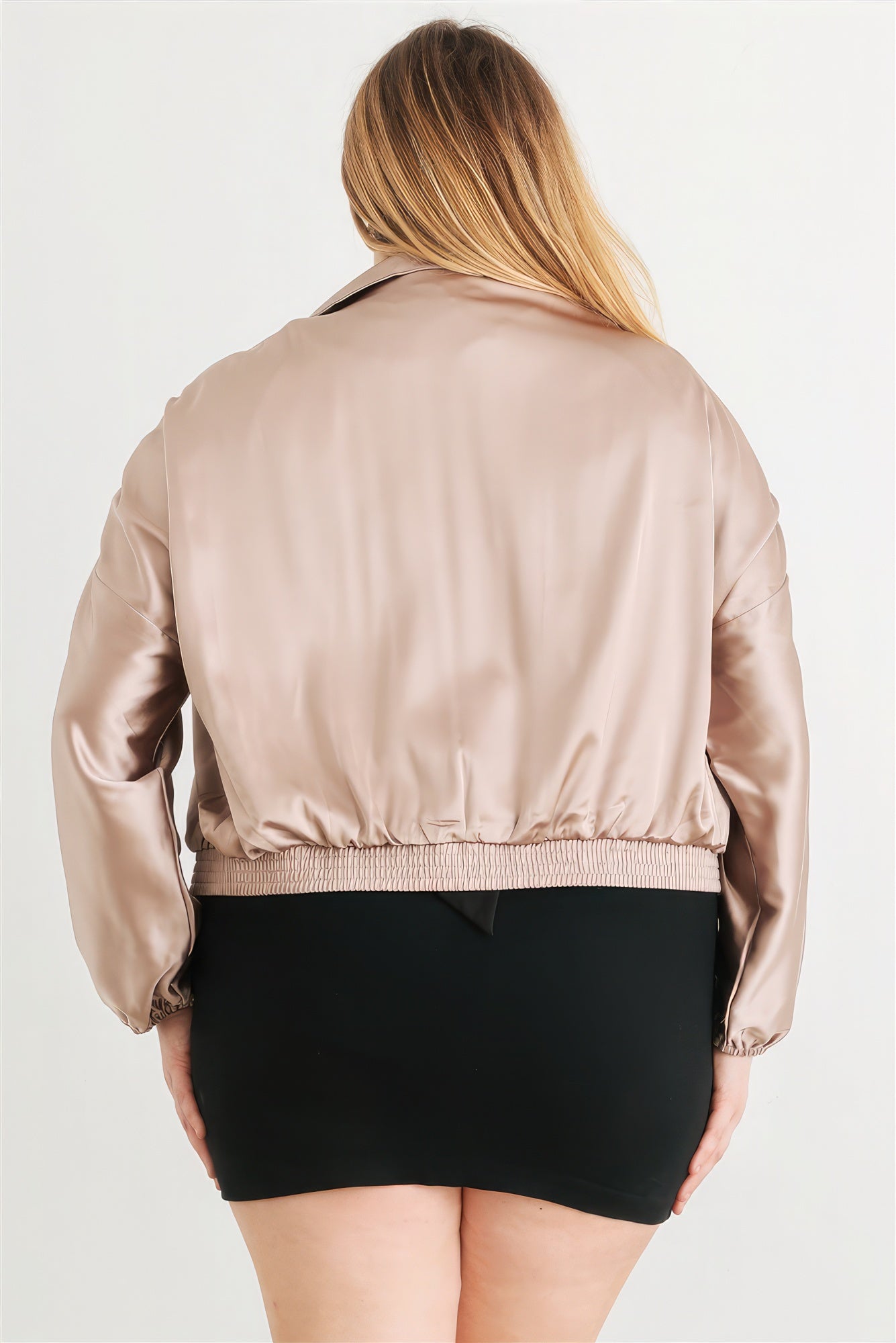 Plus Satin Zip-up Ruched Long Sleeve Cropped Bomber Jacket - ThingsWeUseAndLove 