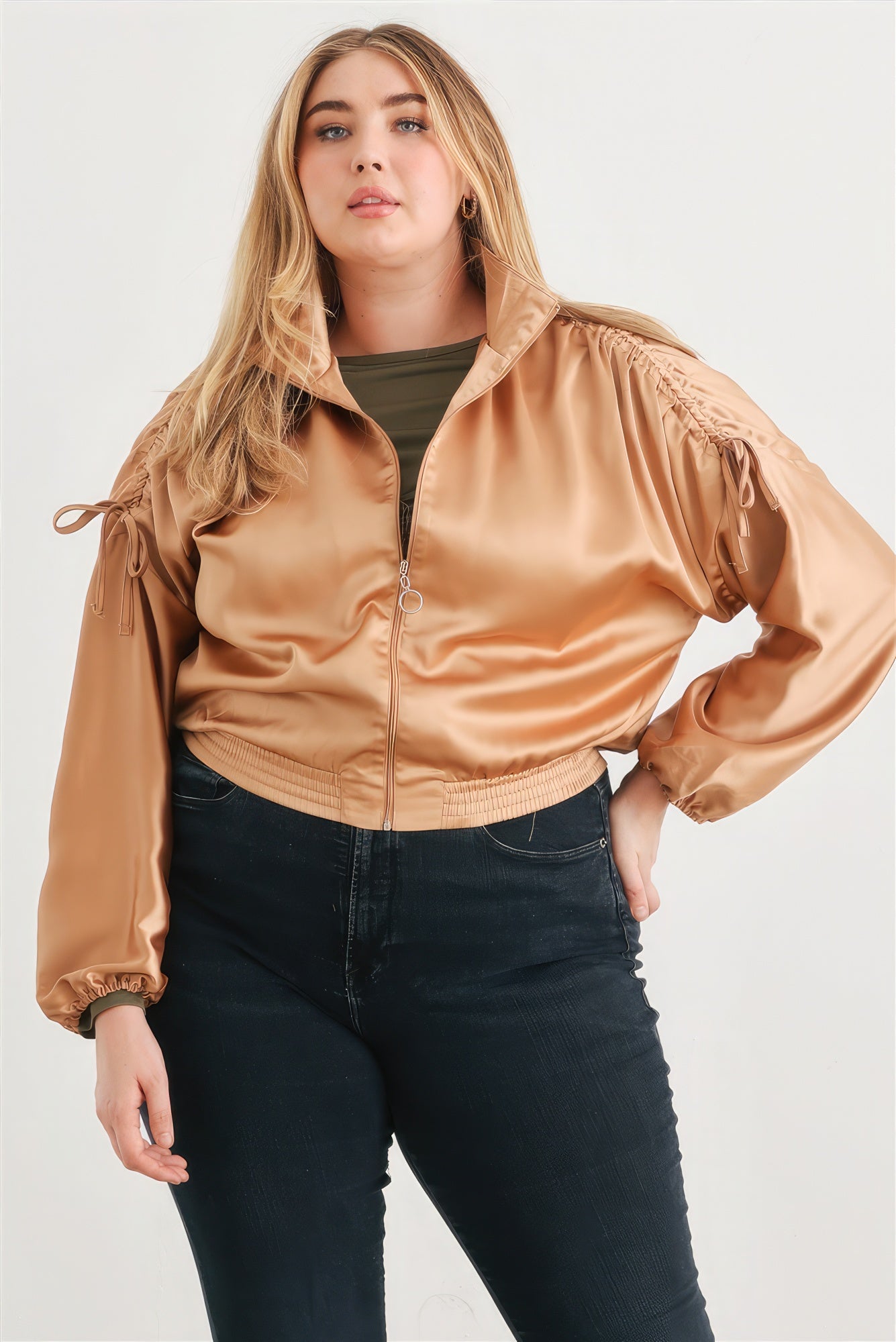 Plus Satin Zip-up Ruched Long Sleeve Cropped Bomber Jacket - ThingsWeUseAndLove 