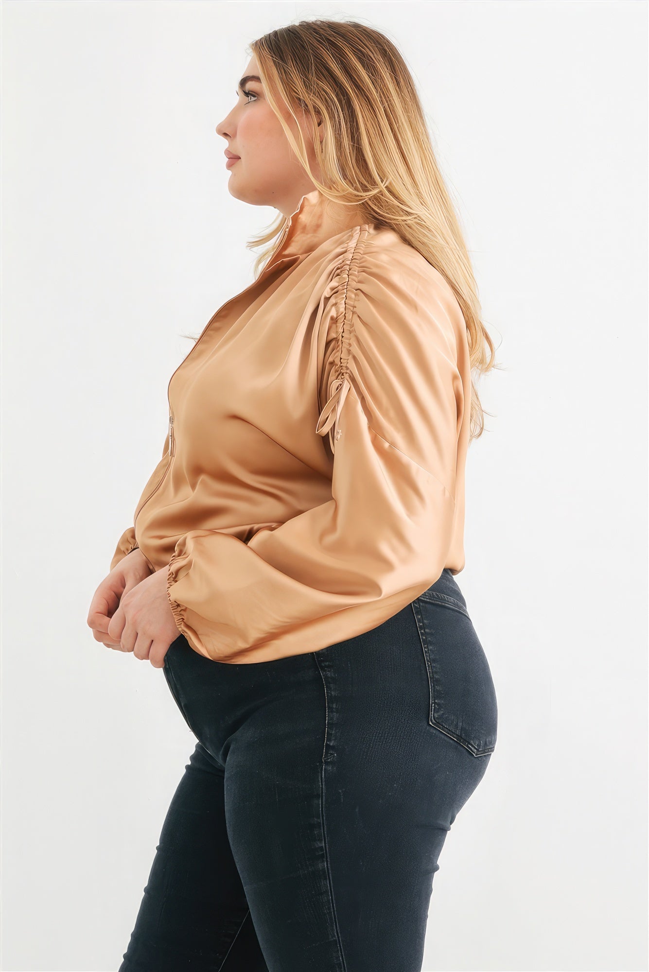 Plus Satin Zip-up Ruched Long Sleeve Cropped Bomber Jacket - ThingsWeUseAndLove 