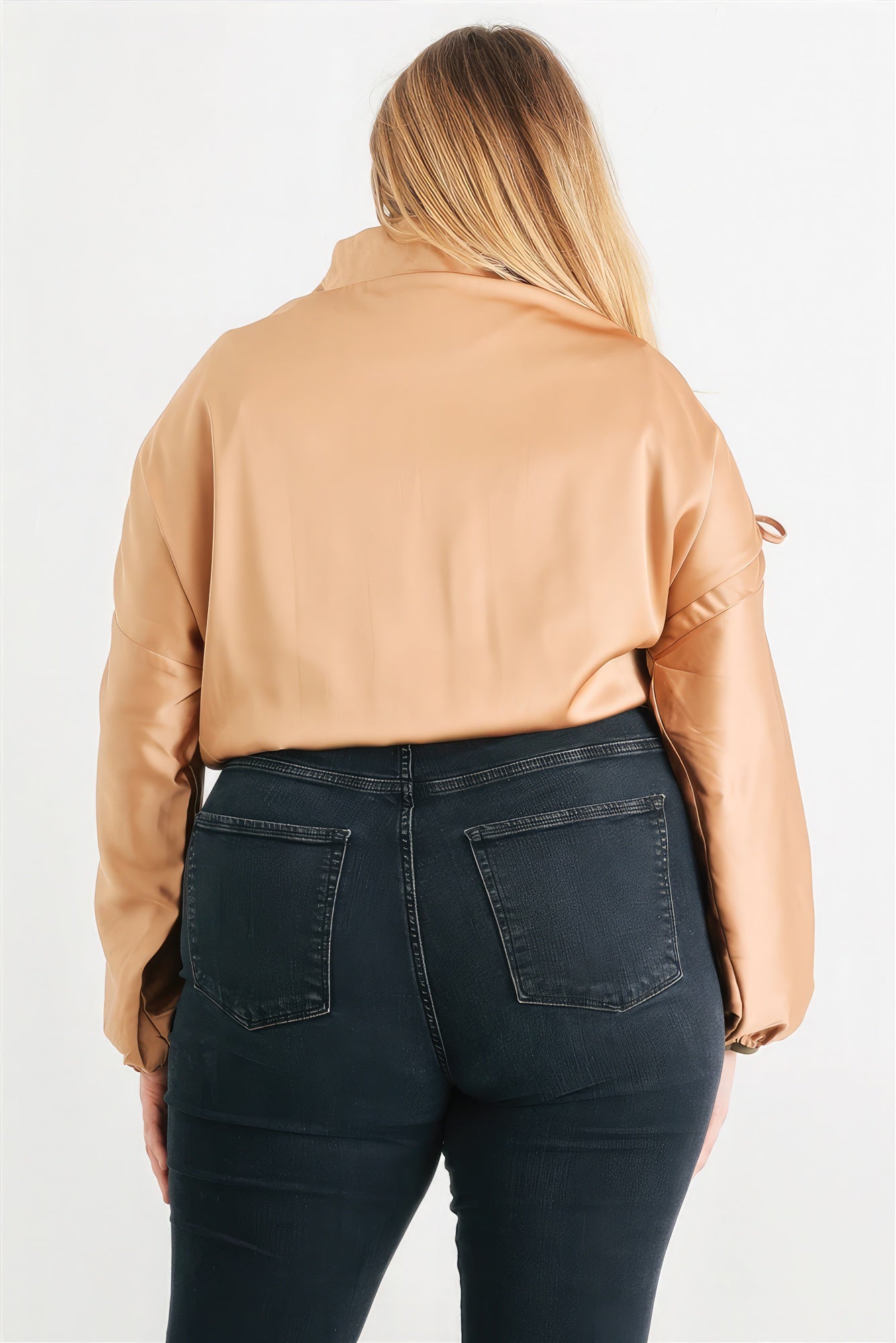 Plus Satin Zip-up Ruched Long Sleeve Cropped Bomber Jacket - ThingsWeUseAndLove 