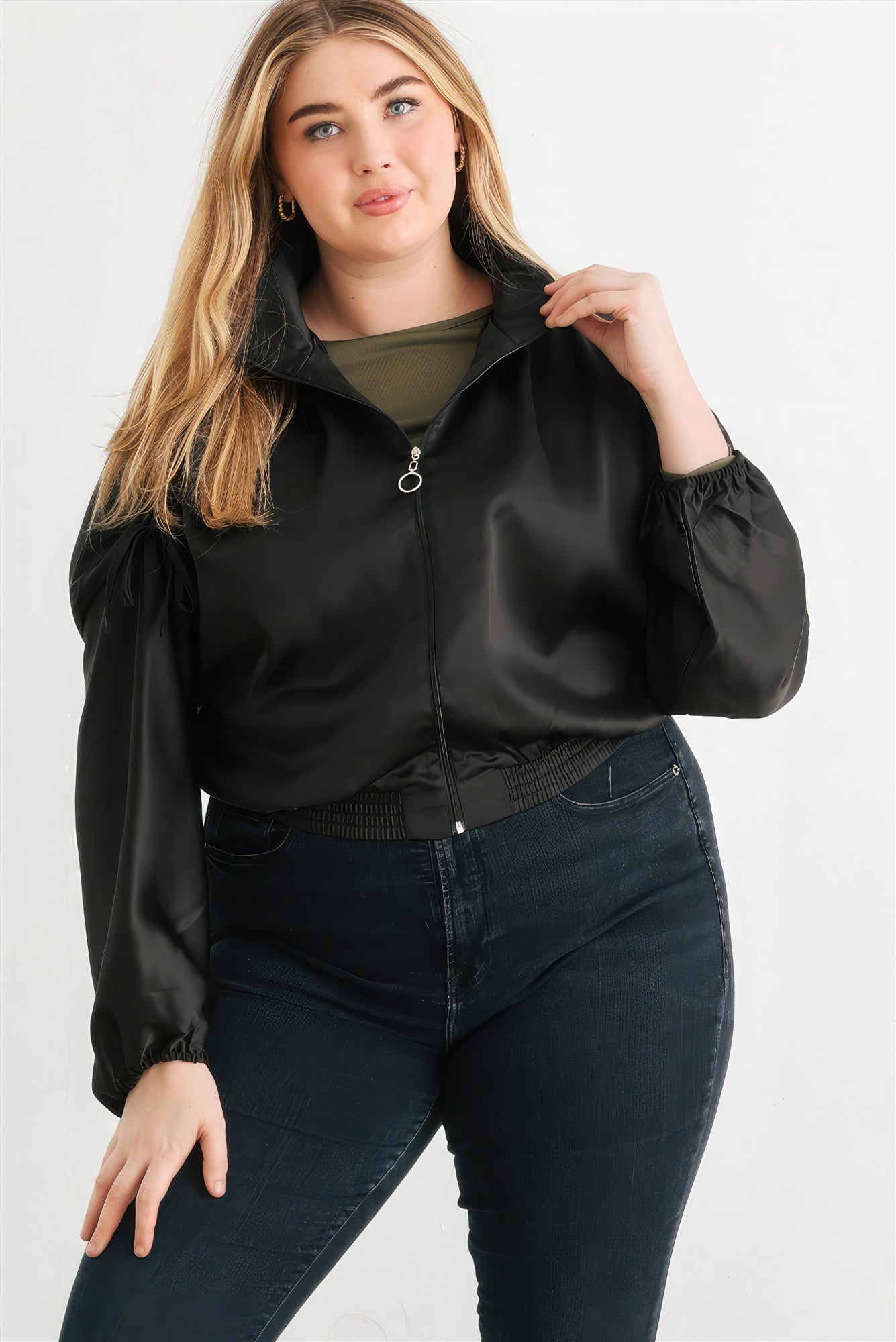 Plus Satin Zip-up Ruched Long Sleeve Cropped Bomber Jacket - ThingsWeUseAndLove 