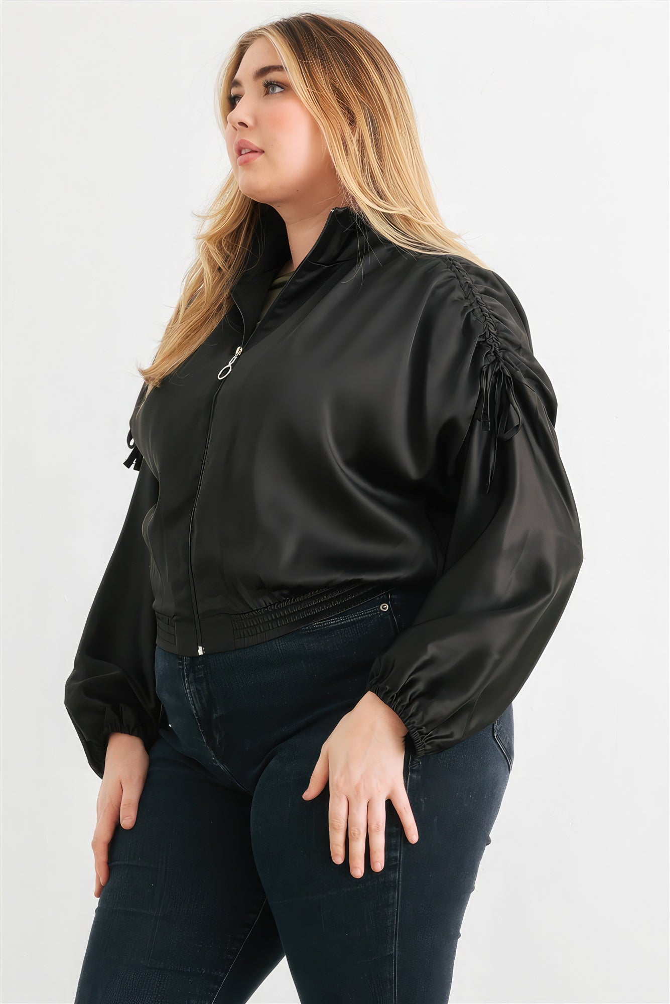 Plus Satin Zip-up Ruched Long Sleeve Cropped Bomber Jacket - ThingsWeUseAndLove 