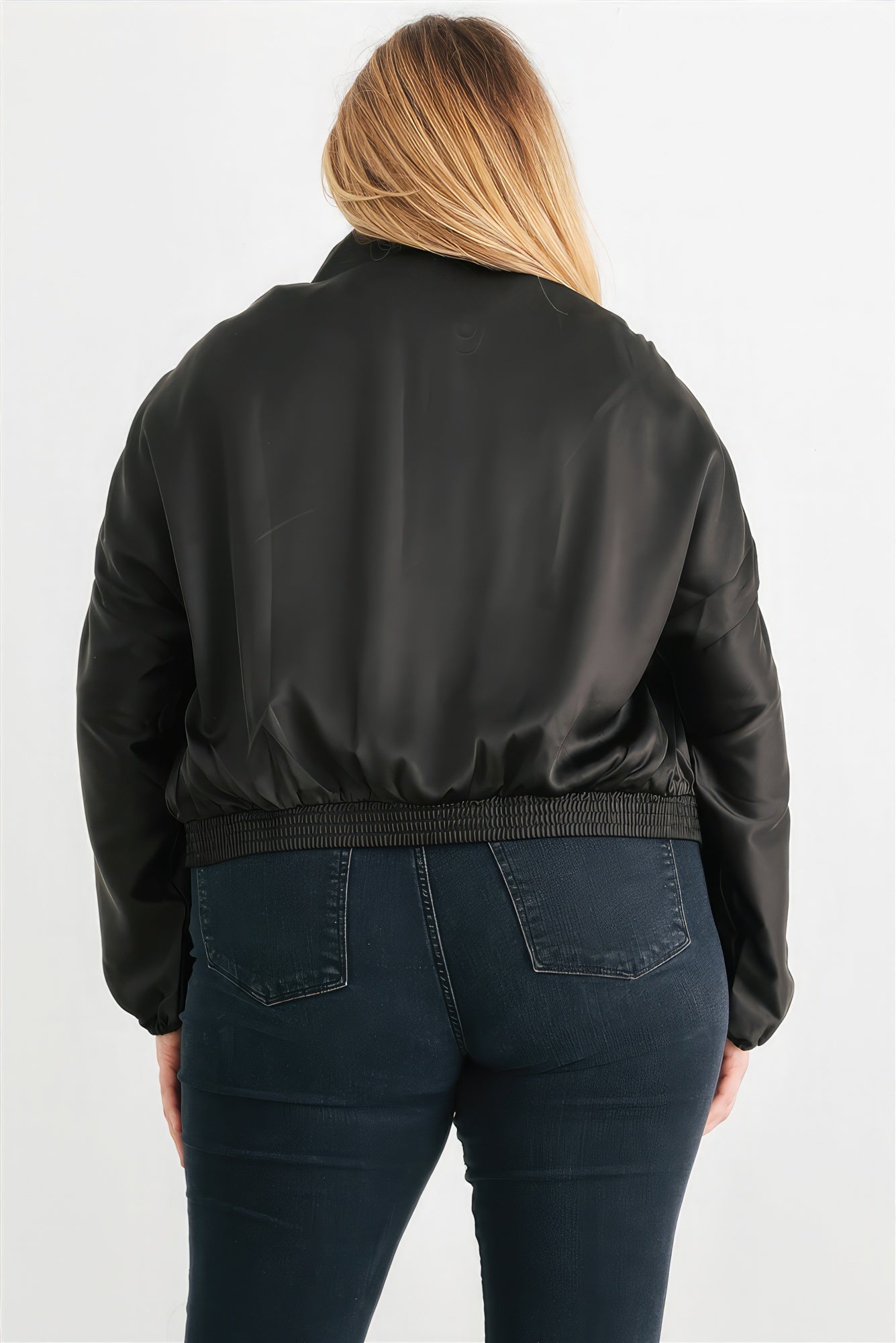 Plus Satin Zip-up Ruched Long Sleeve Cropped Bomber Jacket - ThingsWeUseAndLove 