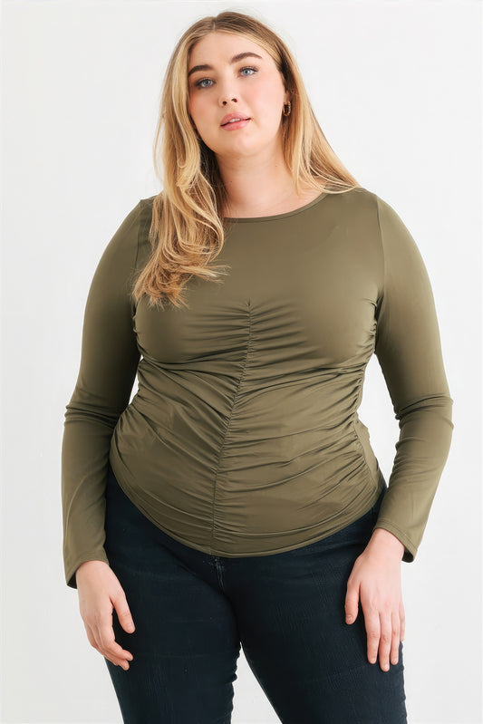 Plus Olive Ruched Long Sleeve Top - ThingsWeUseAndLove 