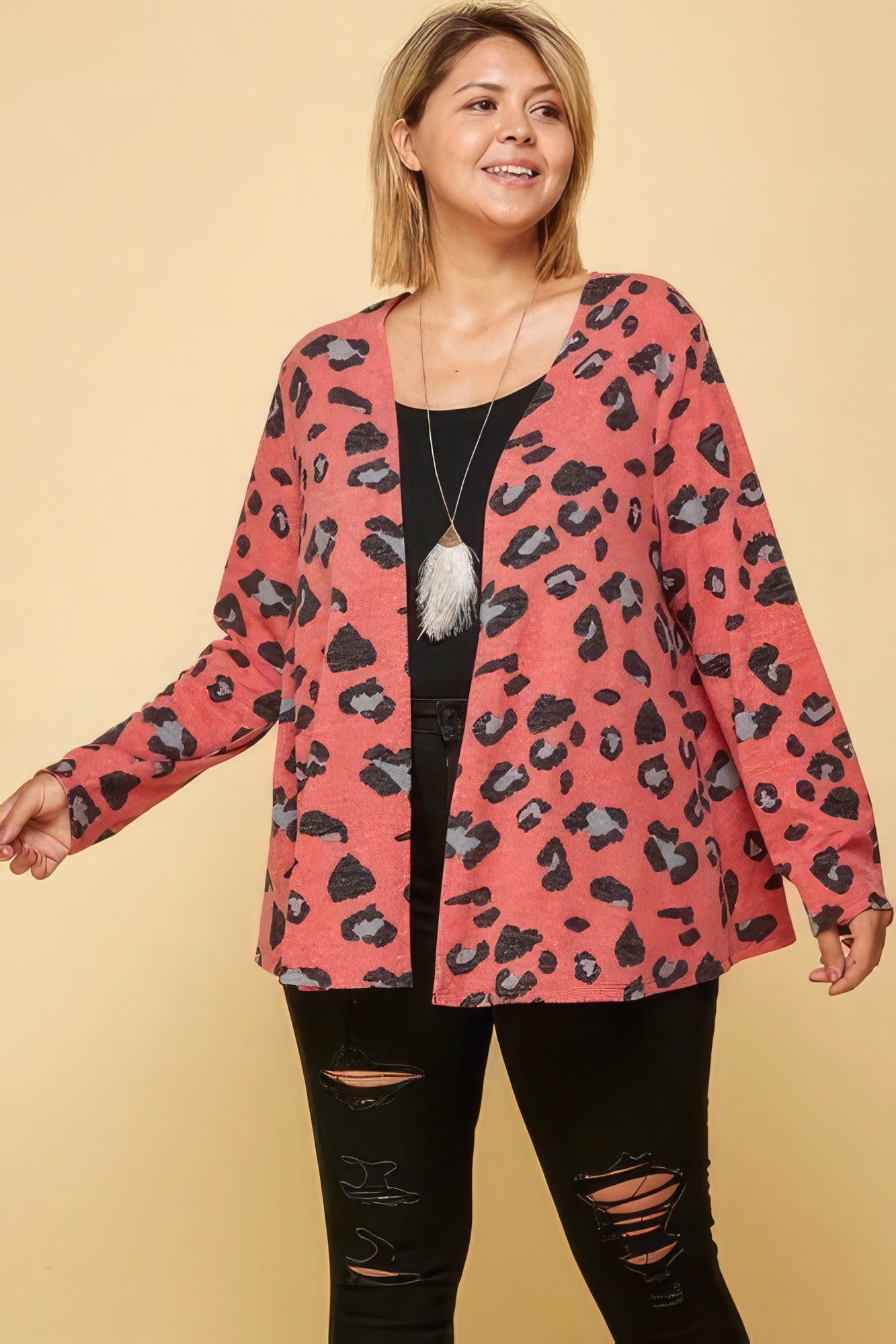 Plus Size Animal Printed Open Front Cropped Cardigan - ThingsWeUseAndLove 