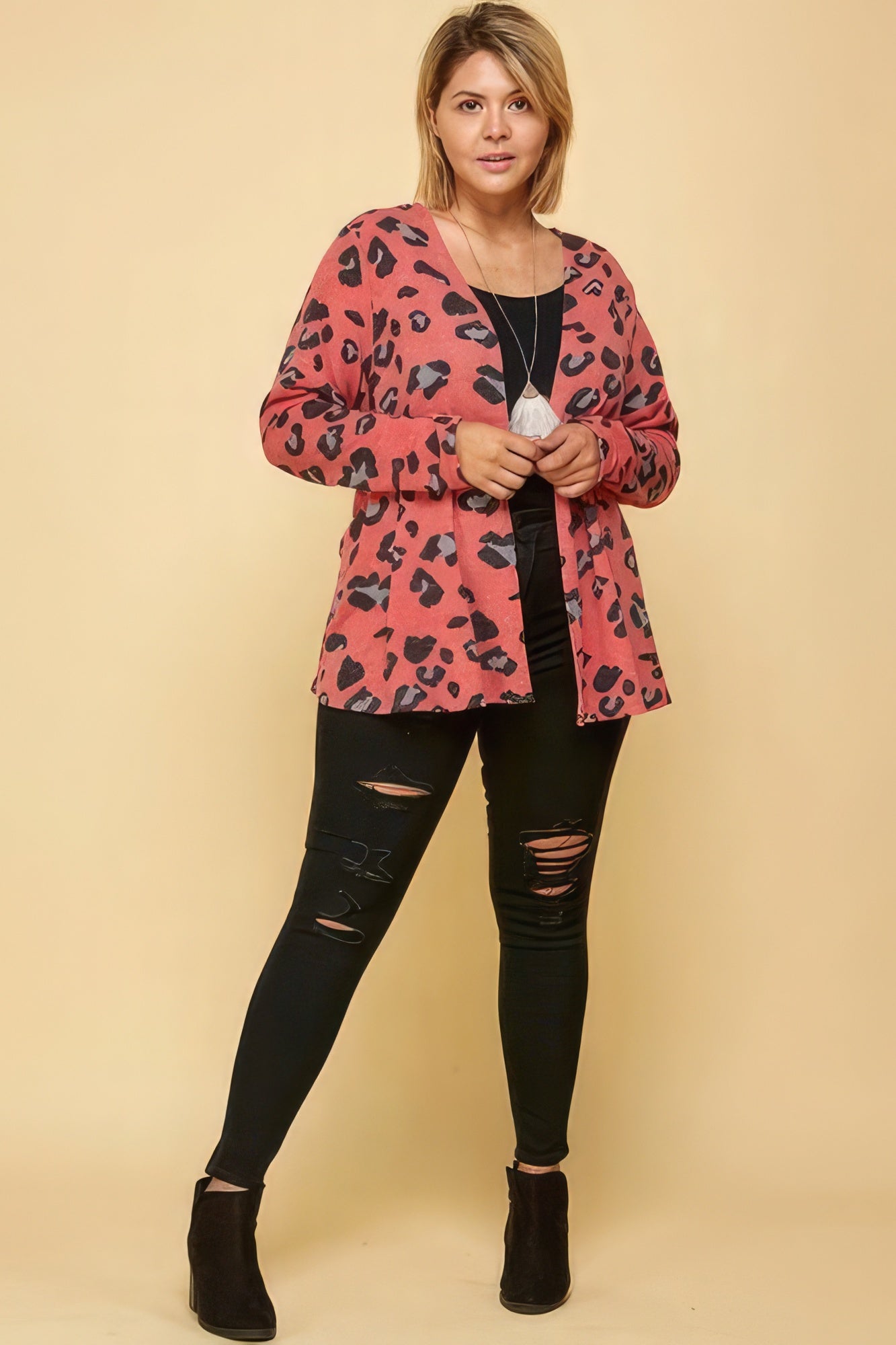 Plus Size Animal Printed Open Front Cropped Cardigan - ThingsWeUseAndLove 