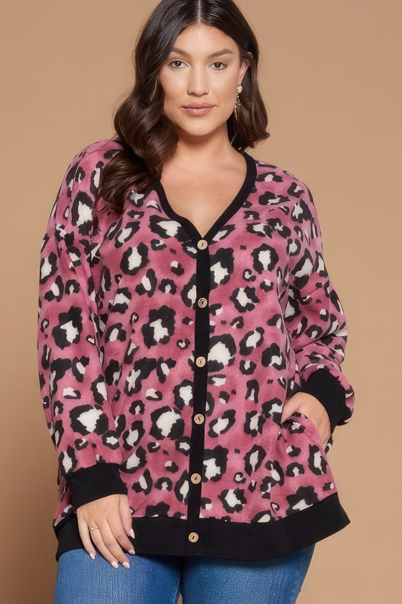 Plus Size Cozy Animal Mir Print With Brush Button Up Cardigan - ThingsWeUseAndLove 