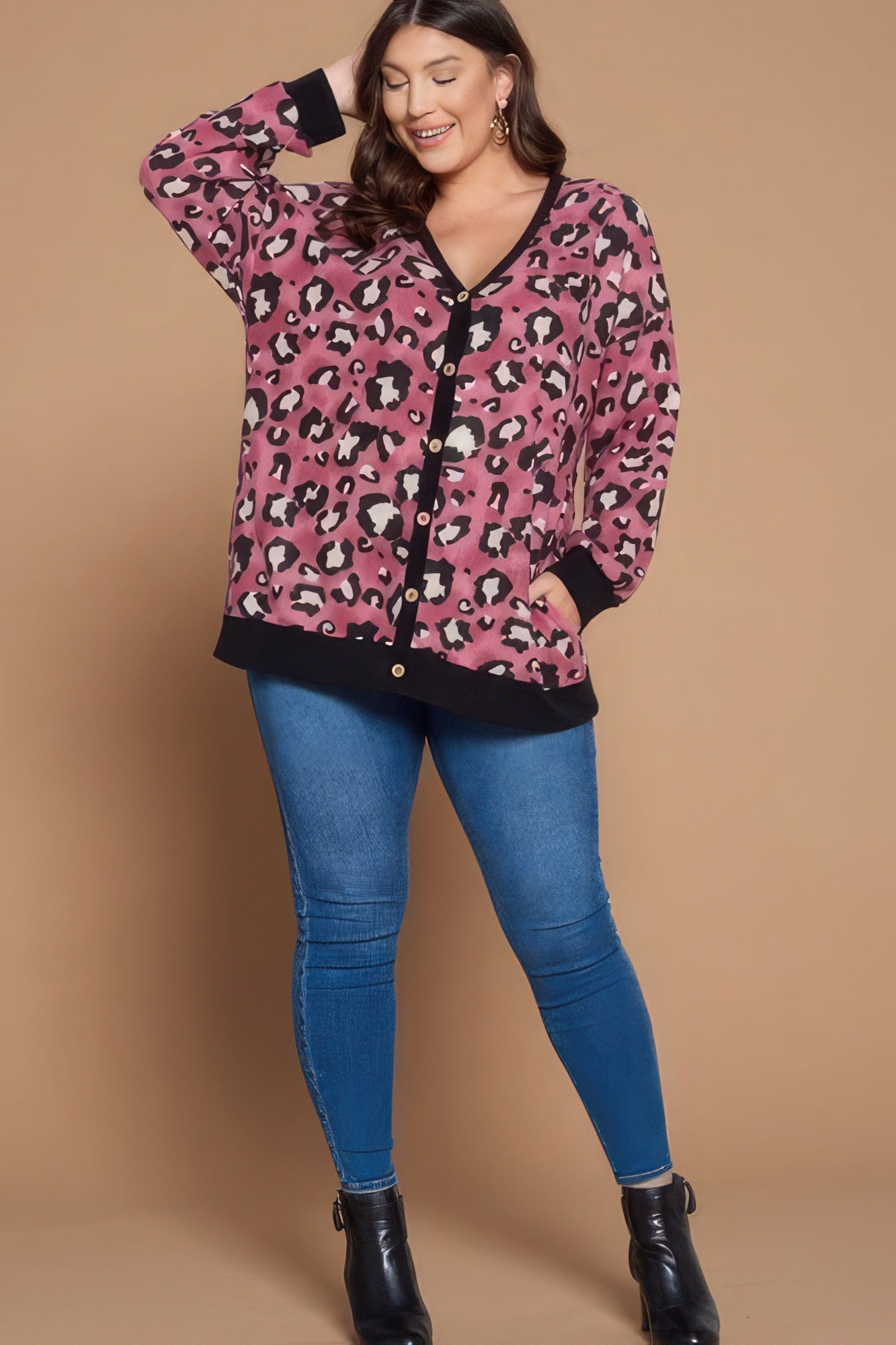 Plus Size Cozy Animal Mir Print With Brush Button Up Cardigan - ThingsWeUseAndLove 