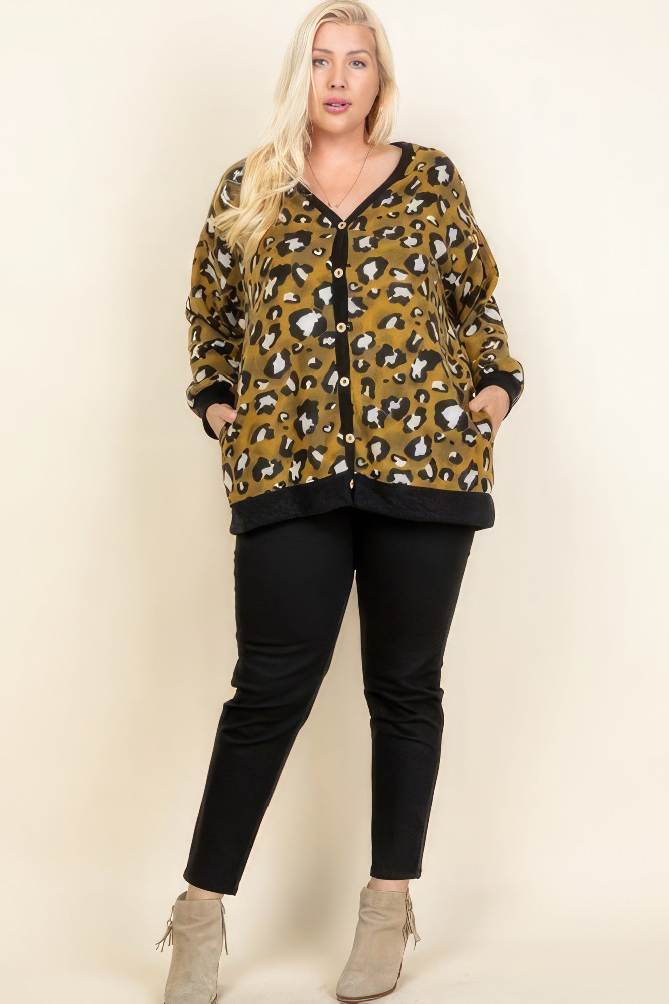 Plus Size Cozy Animal Mir Print With Brush Button Up Cardigan - ThingsWeUseAndLove 