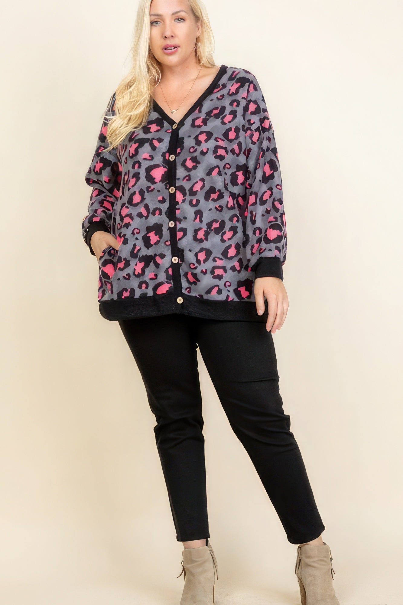 Plus Size Cozy Animal Mir Print With Brush Button Up Cardigan - ThingsWeUseAndLove 