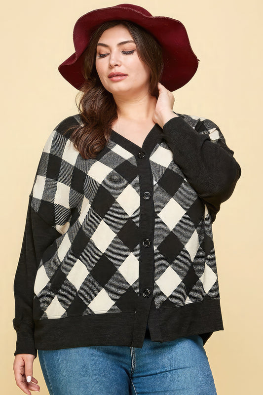 Plus Size Buffalo Plaid Knit Button Up Oversize Cardigan - ThingsWeUseAndLove 