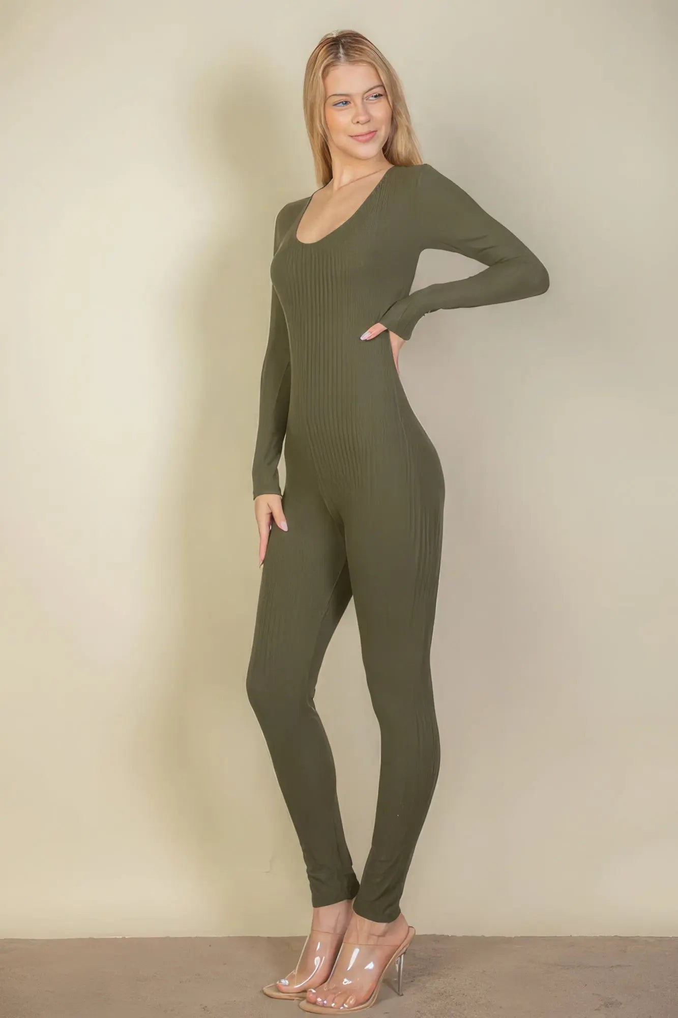 Ribbed Scoop Neck Long Sleeve Jumpsuit - ThingsWeUseAndLove 