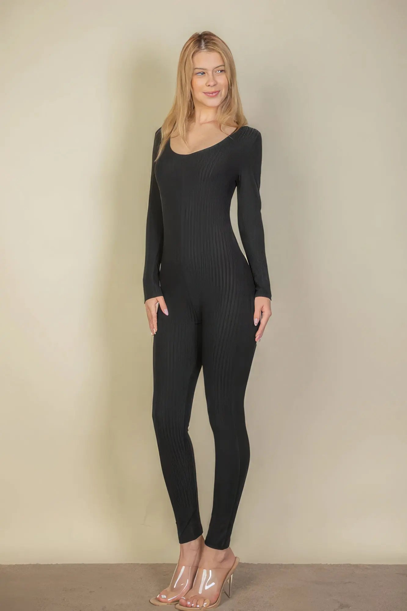 Ribbed Scoop Neck Long Sleeve Jumpsuit - ThingsWeUseAndLove 