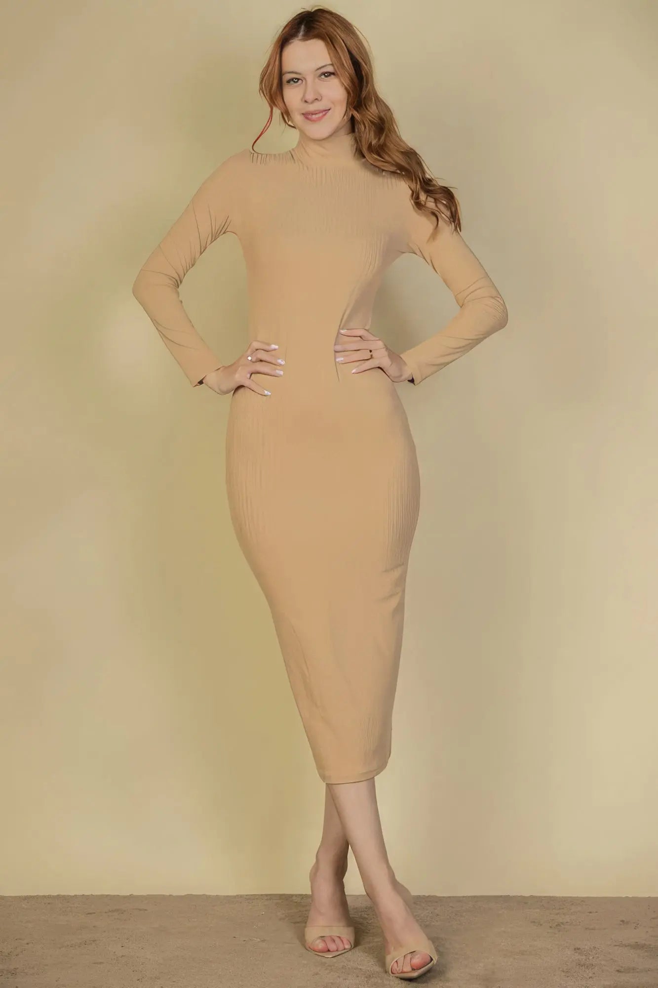 Ribbed Mock Neck Long Sleeve Bodycon Midi Dress - ThingsWeUseAndLove 