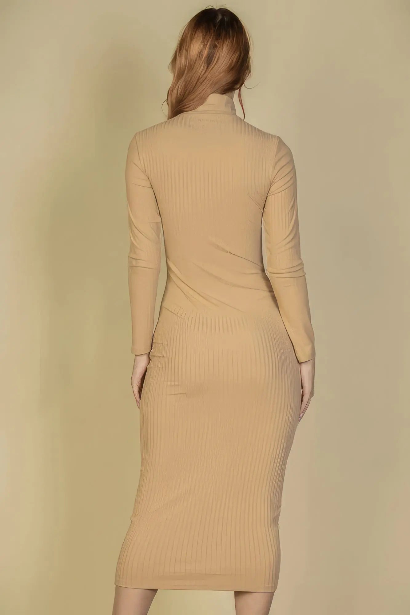 Ribbed Mock Neck Long Sleeve Bodycon Midi Dress - ThingsWeUseAndLove 