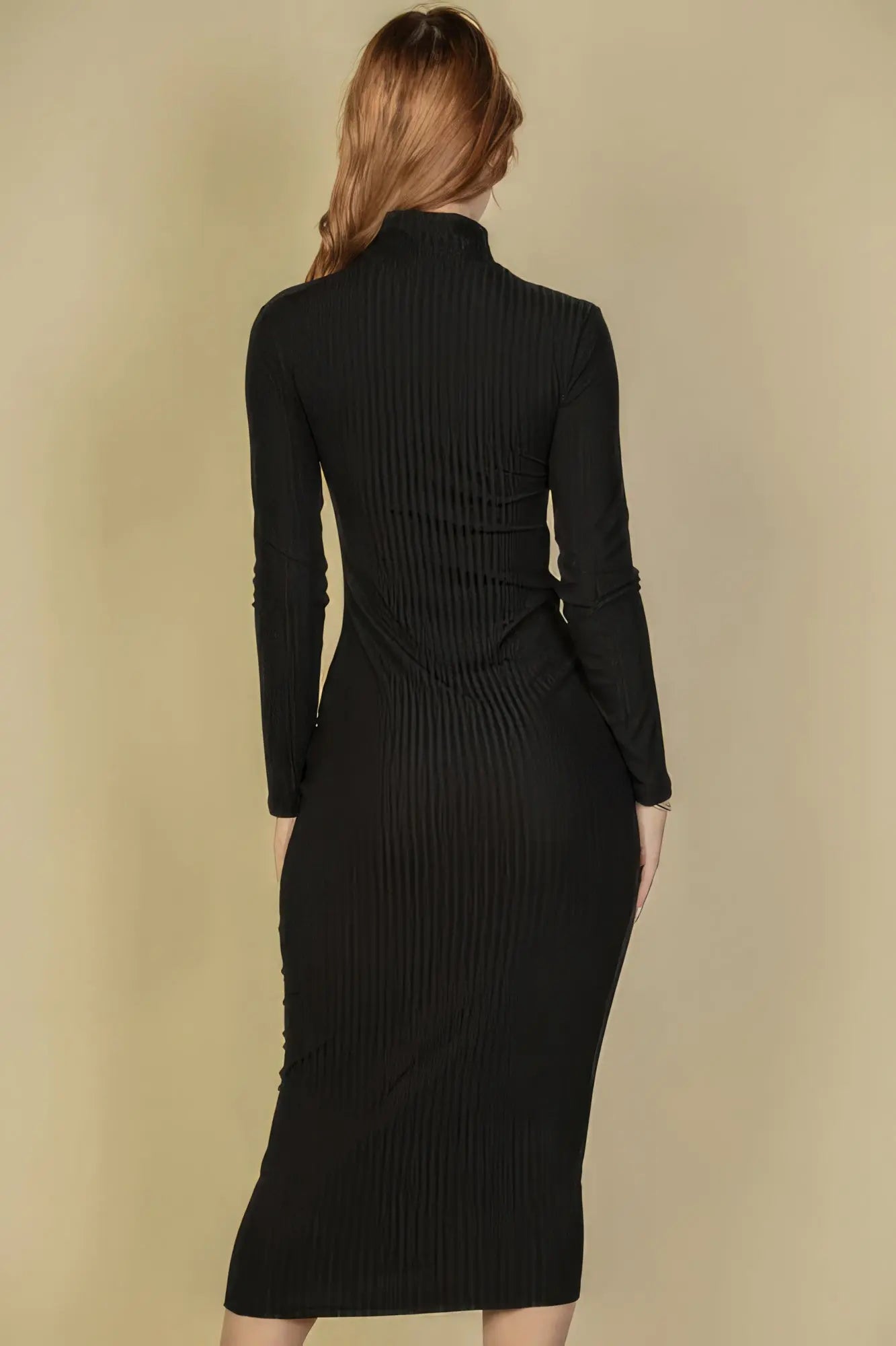 Ribbed Mock Neck Long Sleeve Bodycon Midi Dress - ThingsWeUseAndLove 