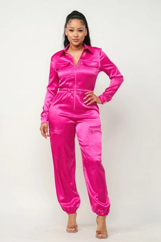 Front Zipper Pockets Top And Pants Jumpsuit - ThingsWeUseAndLove 