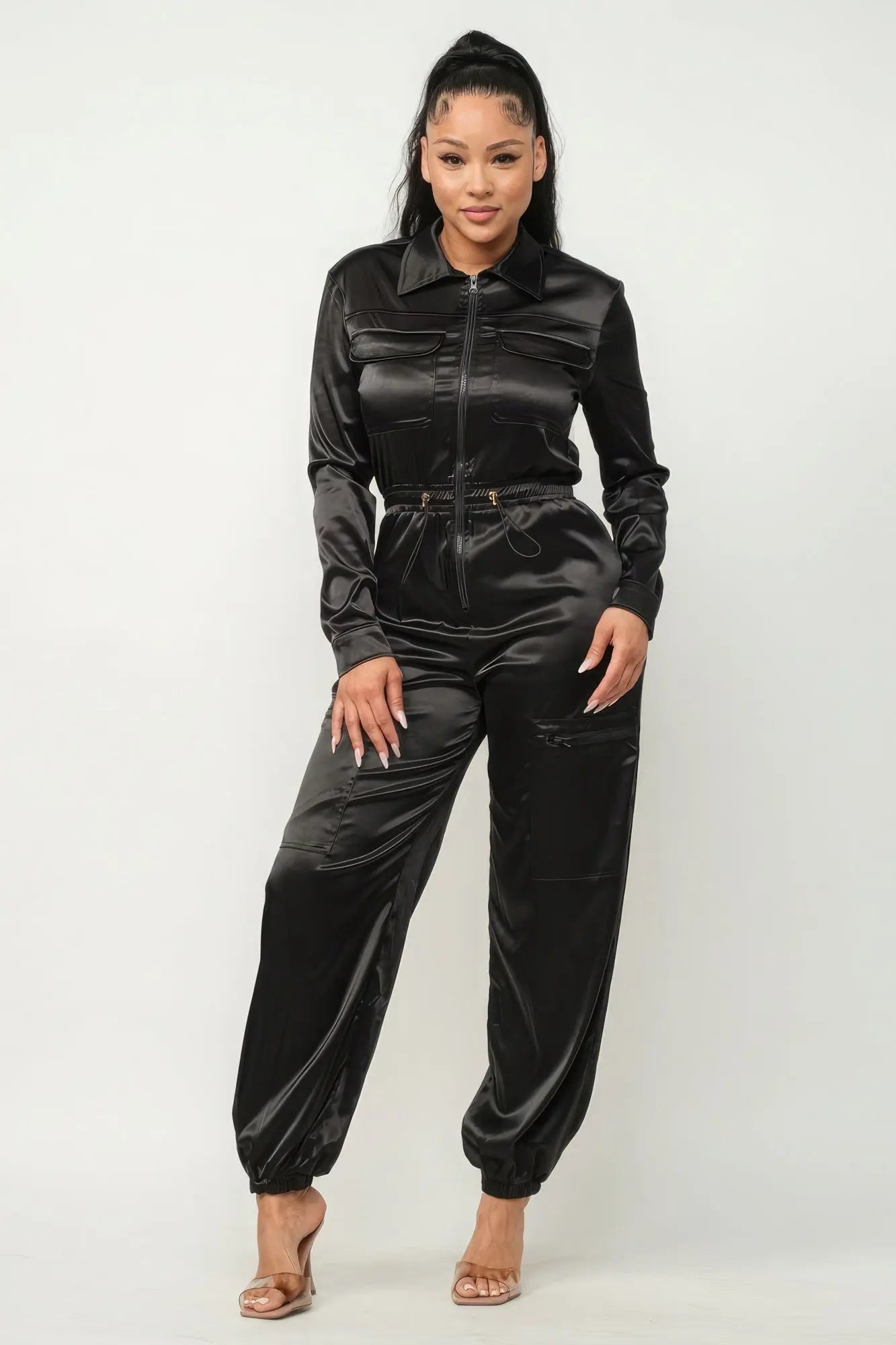 Front Zipper Pockets Top And Pants Jumpsuit - ThingsWeUseAndLove 
