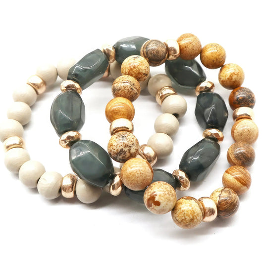 Semi Precious Stone Wood Bead Bracelet Set - ThingsWeUseAndLove 