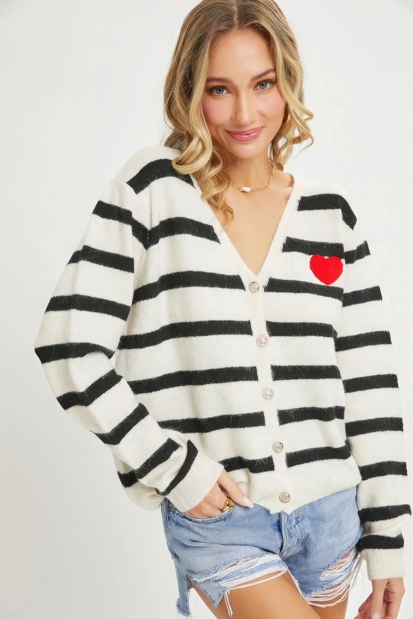 Striped Cardigan With Heart Patch - ThingsWeUseAndLove 