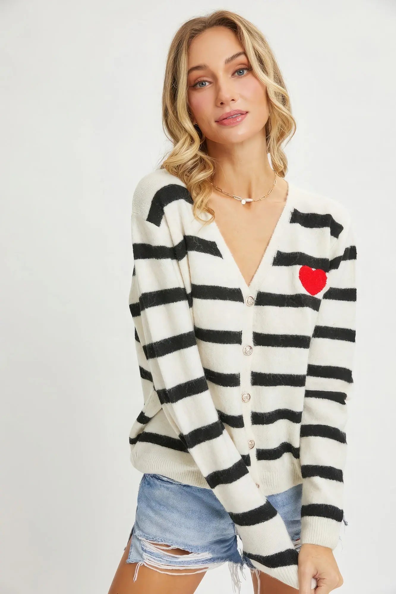 Striped Cardigan With Heart Patch - ThingsWeUseAndLove 