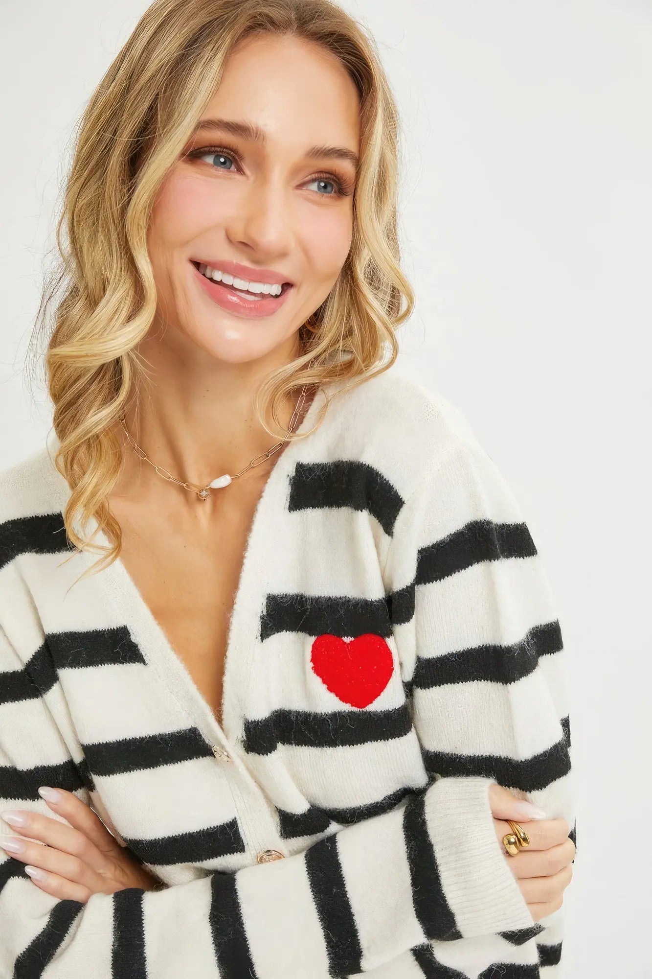 Striped Cardigan With Heart Patch - ThingsWeUseAndLove 