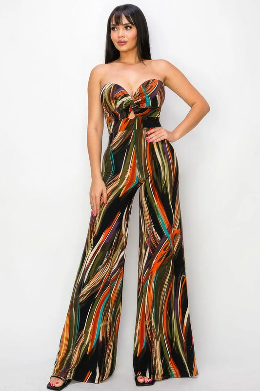 Allover Print Twist Front Wide Leg Jumpsuit - ThingsWeUseAndLove 