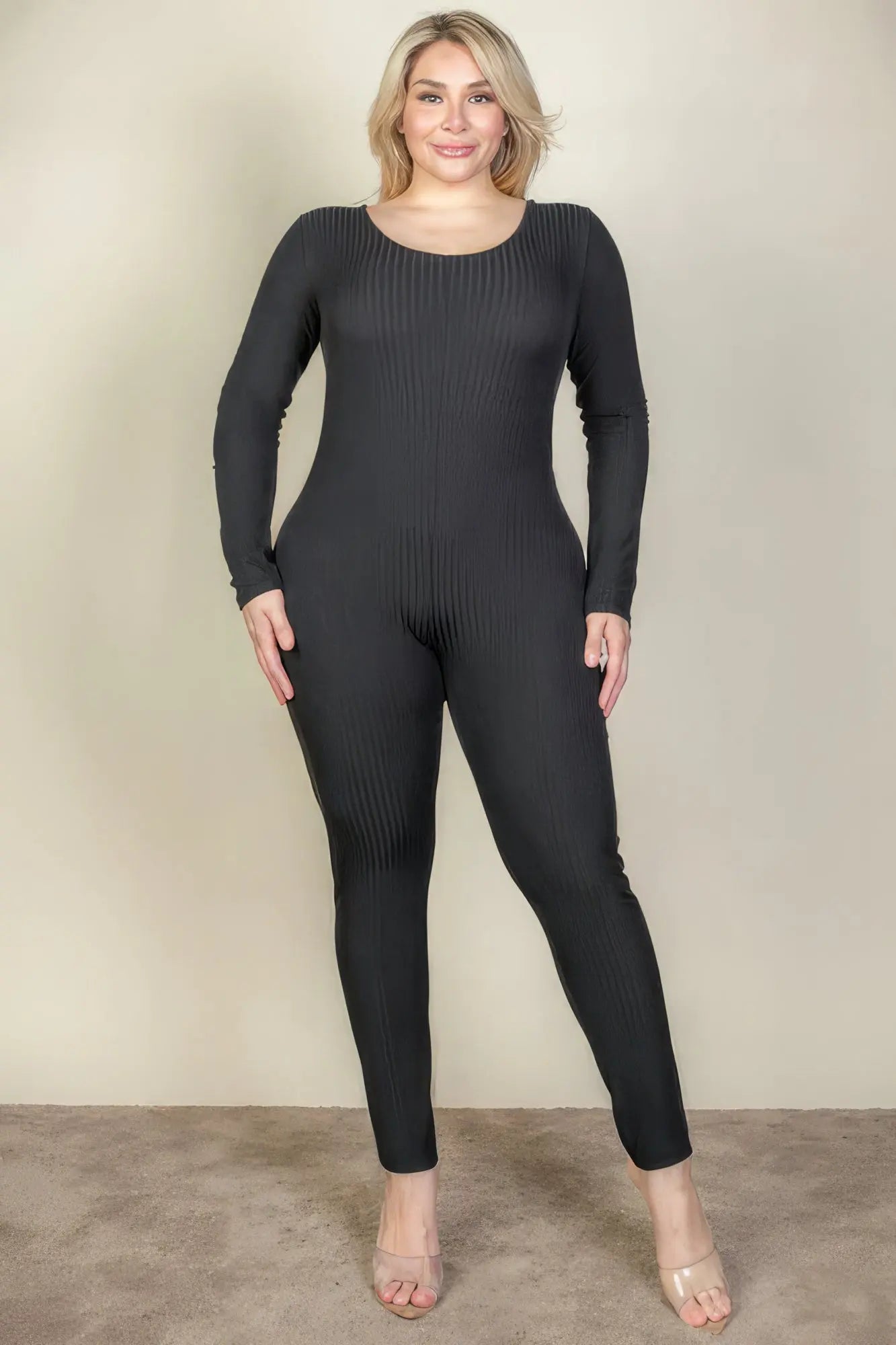 Plus Size Ribbed Scoop Neck Long Sleeve Jumpsuit - ThingsWeUseAndLove 