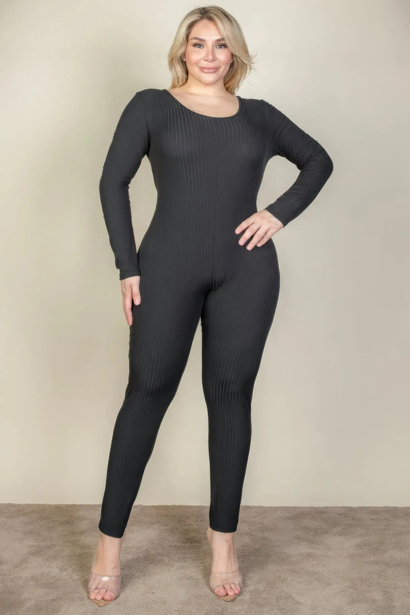 Plus Size Ribbed Scoop Neck Long Sleeve Jumpsuit - ThingsWeUseAndLove 