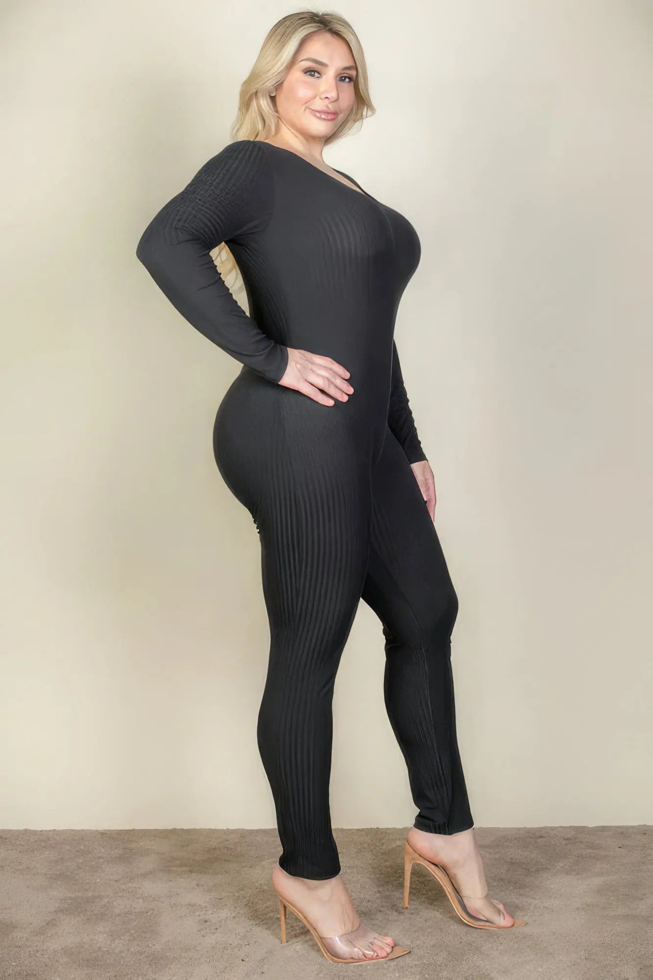 Plus Size Ribbed Scoop Neck Long Sleeve Jumpsuit - ThingsWeUseAndLove 