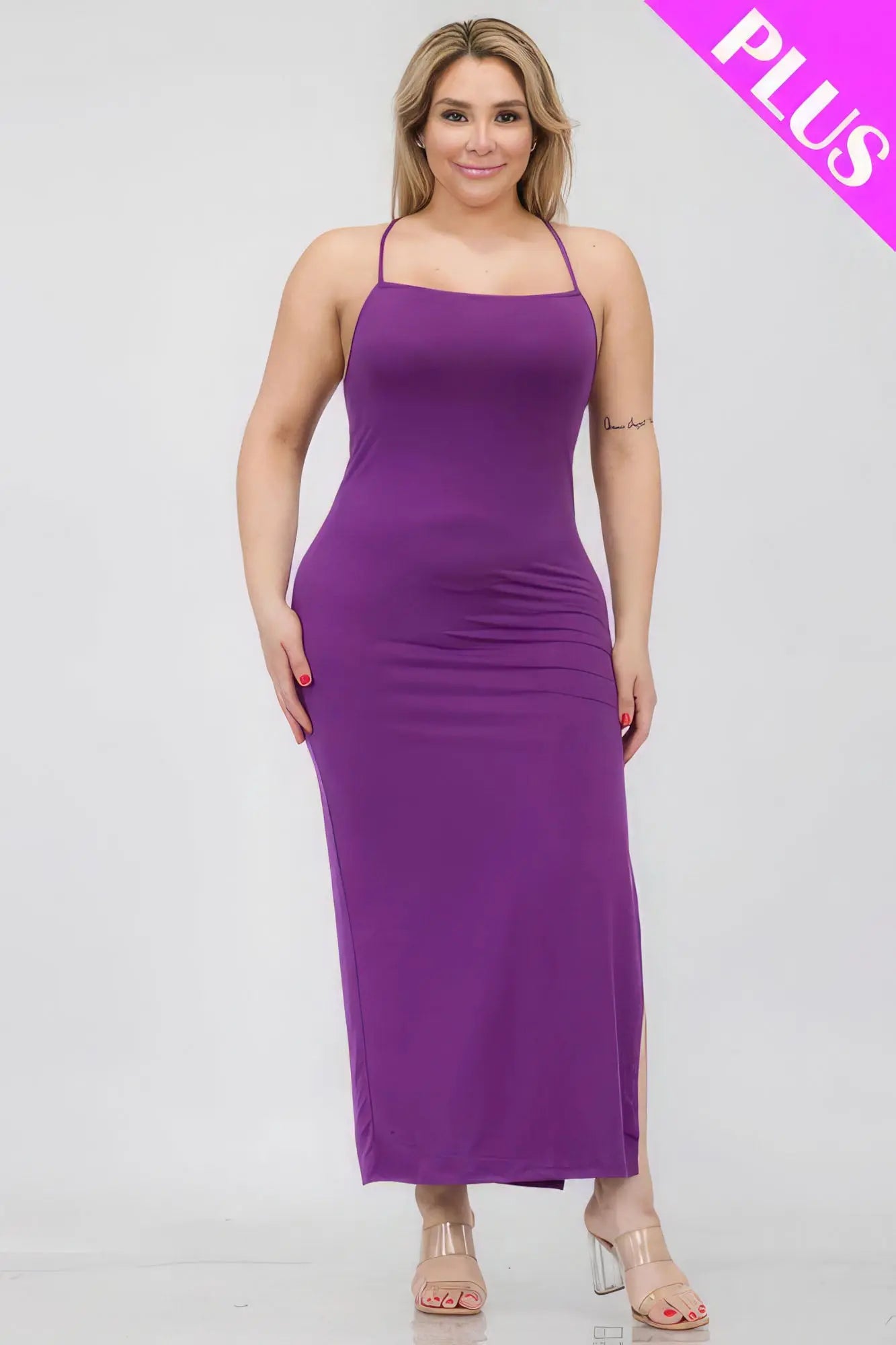Plus Size Crisscross Back Split Thigh Maxi Dress - ThingsWeUseAndLove 