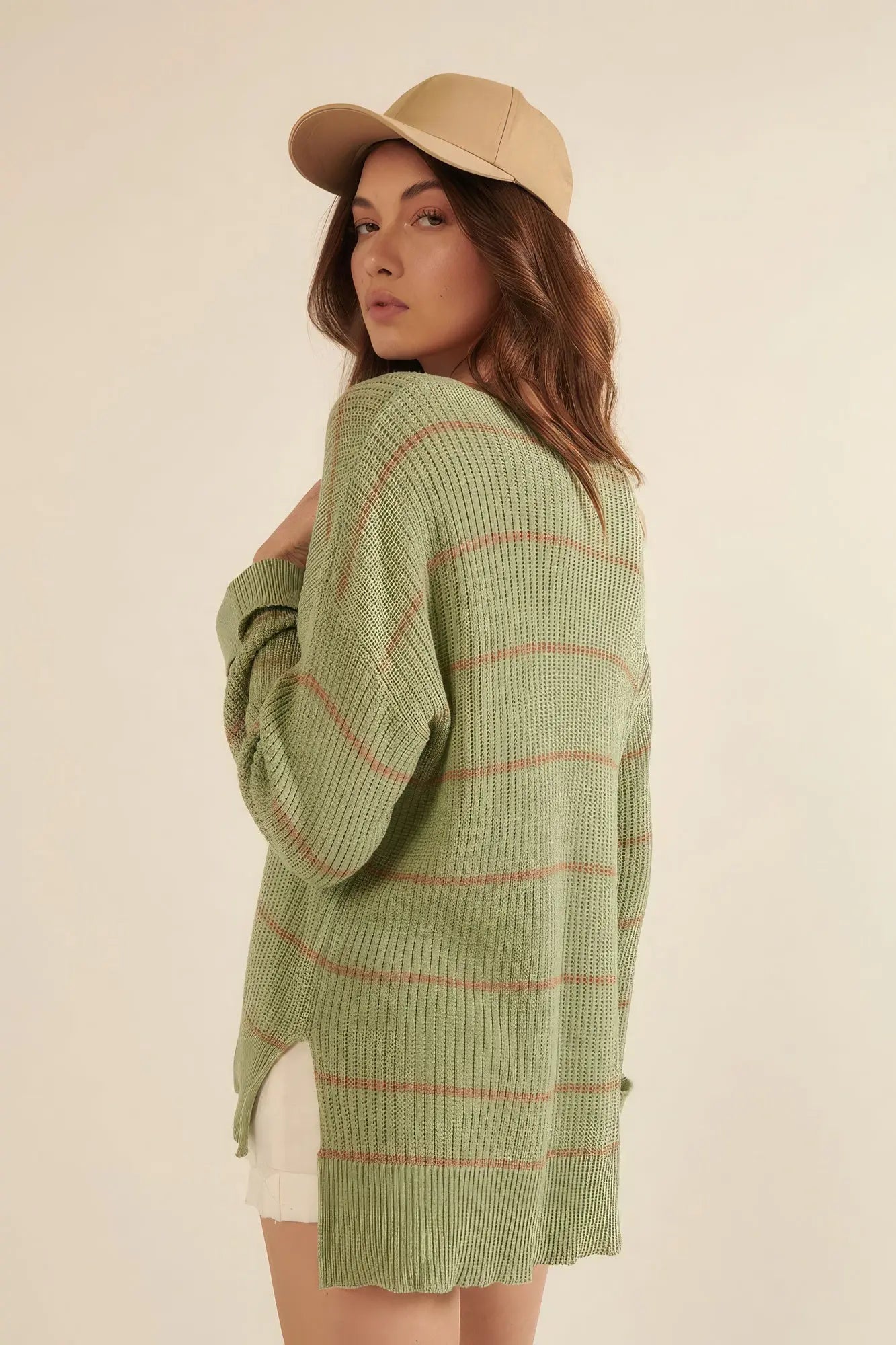 Striped Rib-knit Oversized Pocket Sweater - ThingsWeUseAndLove 