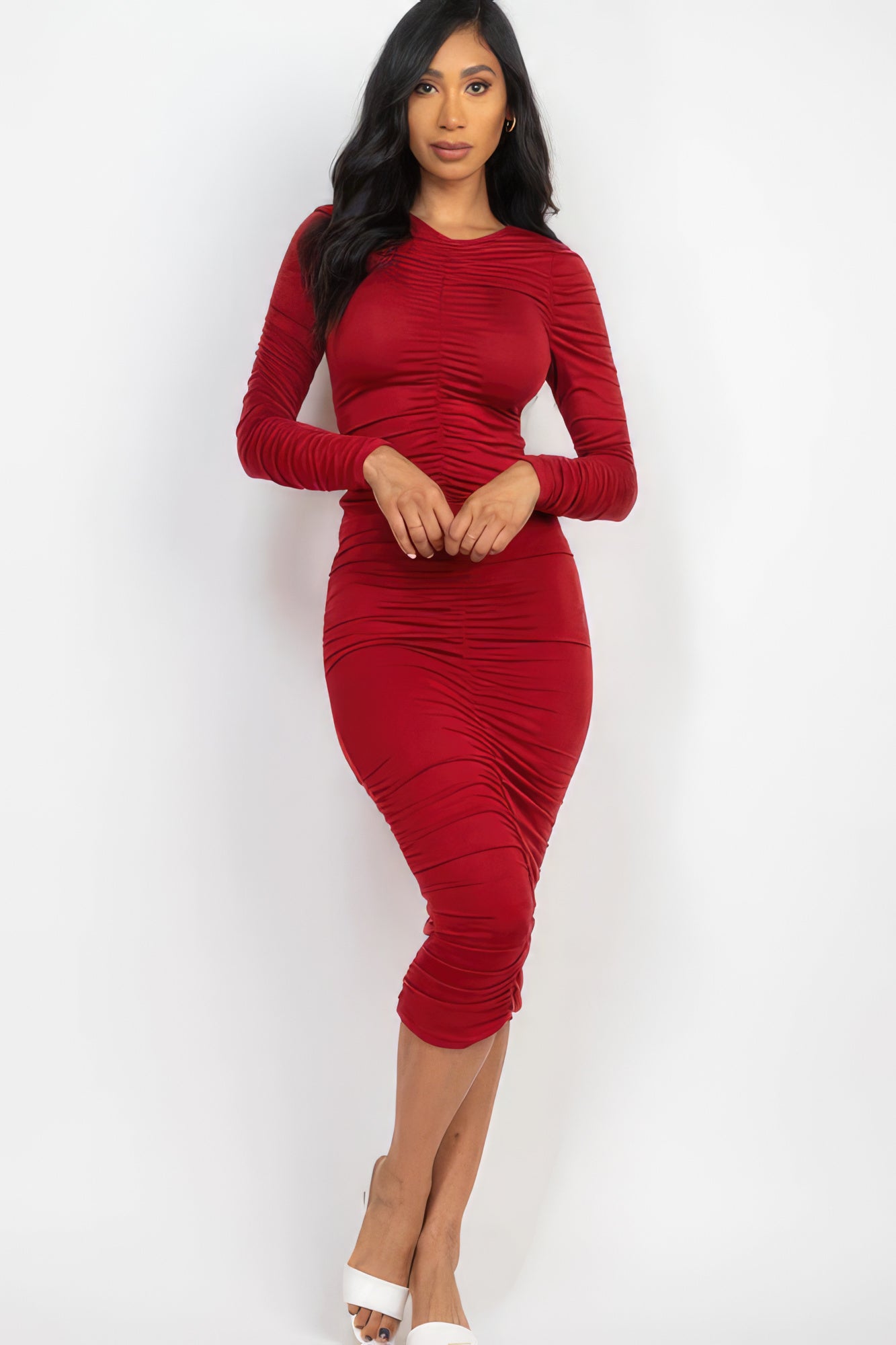 Ruched Long Sleeve Midi Dress - ThingsWeUseAndLove 