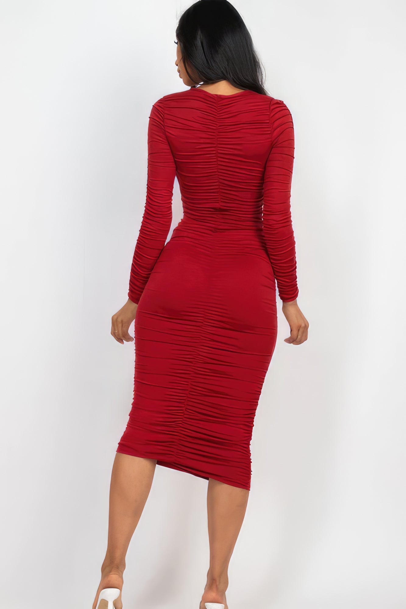 Ruched Long Sleeve Midi Dress - ThingsWeUseAndLove 