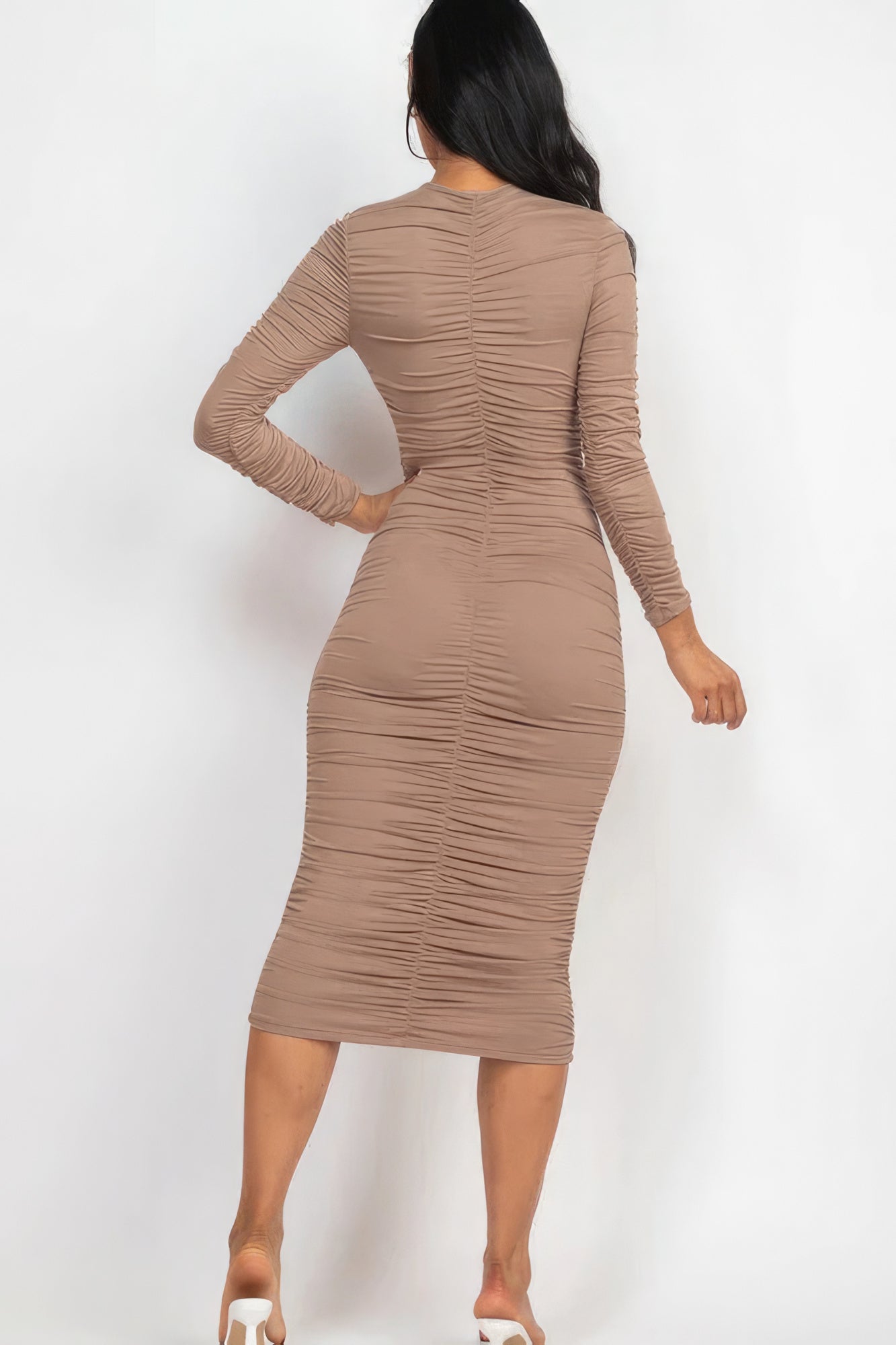 Ruched Long Sleeve Midi Dress - ThingsWeUseAndLove 