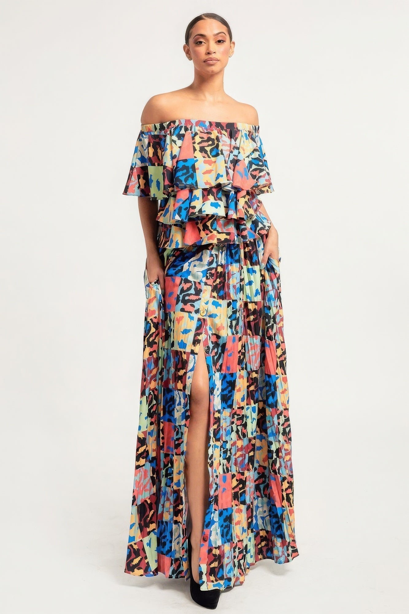 Printed Ruffle Top And Pleated Skirt Set - ThingsWeUseAndLove 