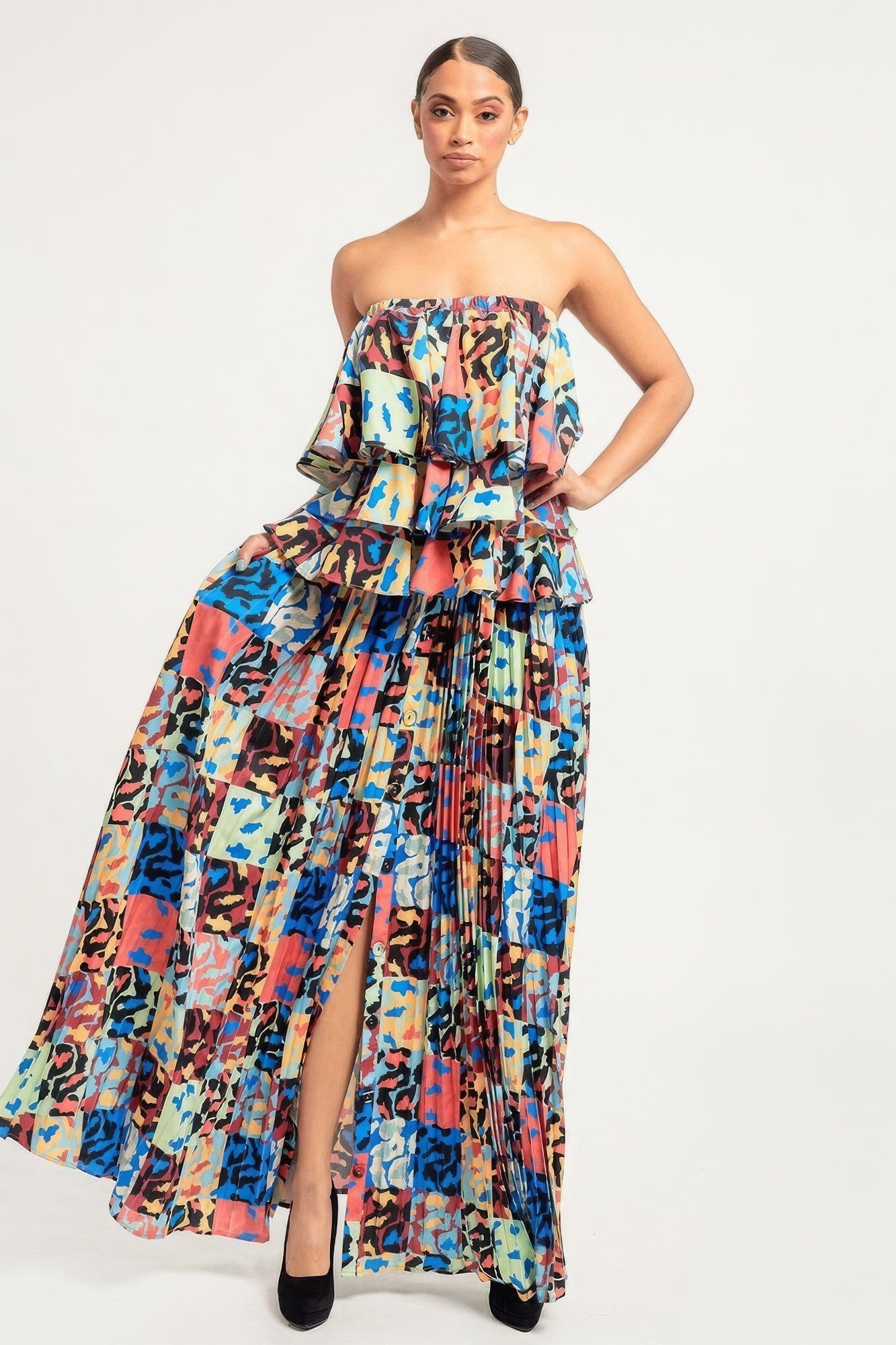 Printed Ruffle Top And Pleated Skirt Set - ThingsWeUseAndLove 