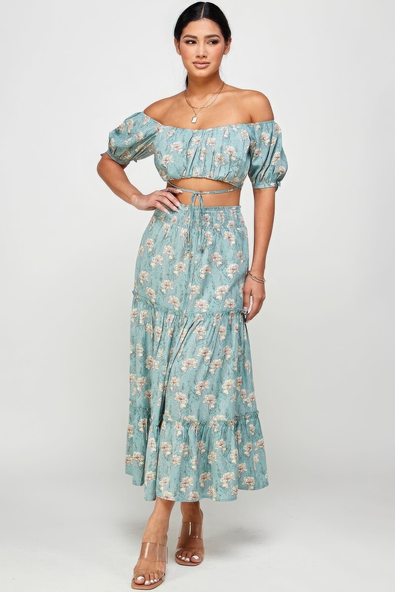 Floral Off Shoulder Sleeve Back Tie Top Skirt Set - ThingsWeUseAndLove 