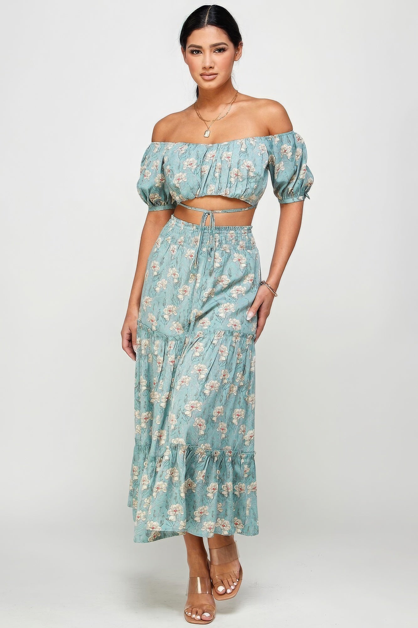 Floral Off Shoulder Sleeve Back Tie Top Skirt Set - ThingsWeUseAndLove 