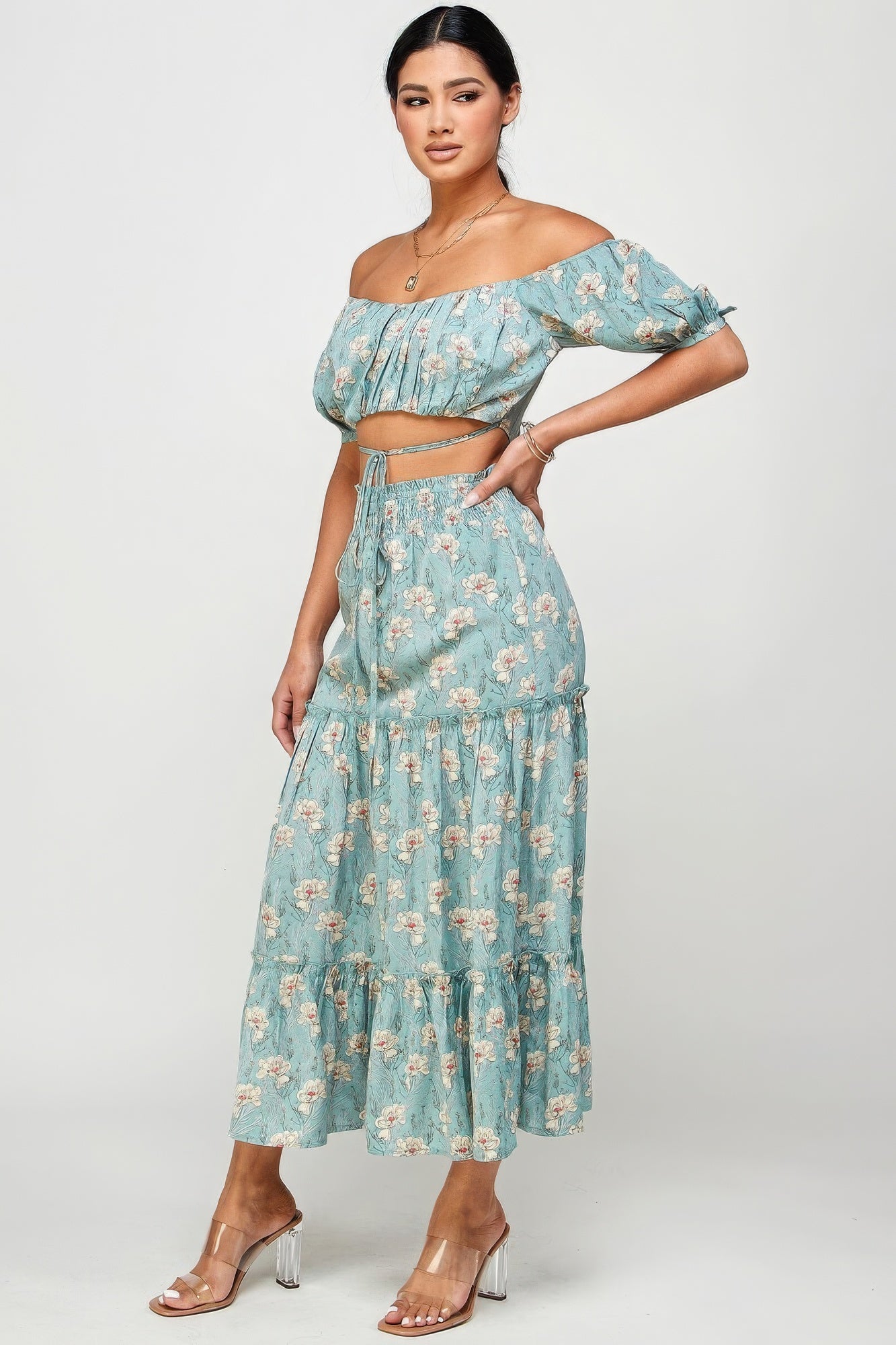 Floral Off Shoulder Sleeve Back Tie Top Skirt Set - ThingsWeUseAndLove 