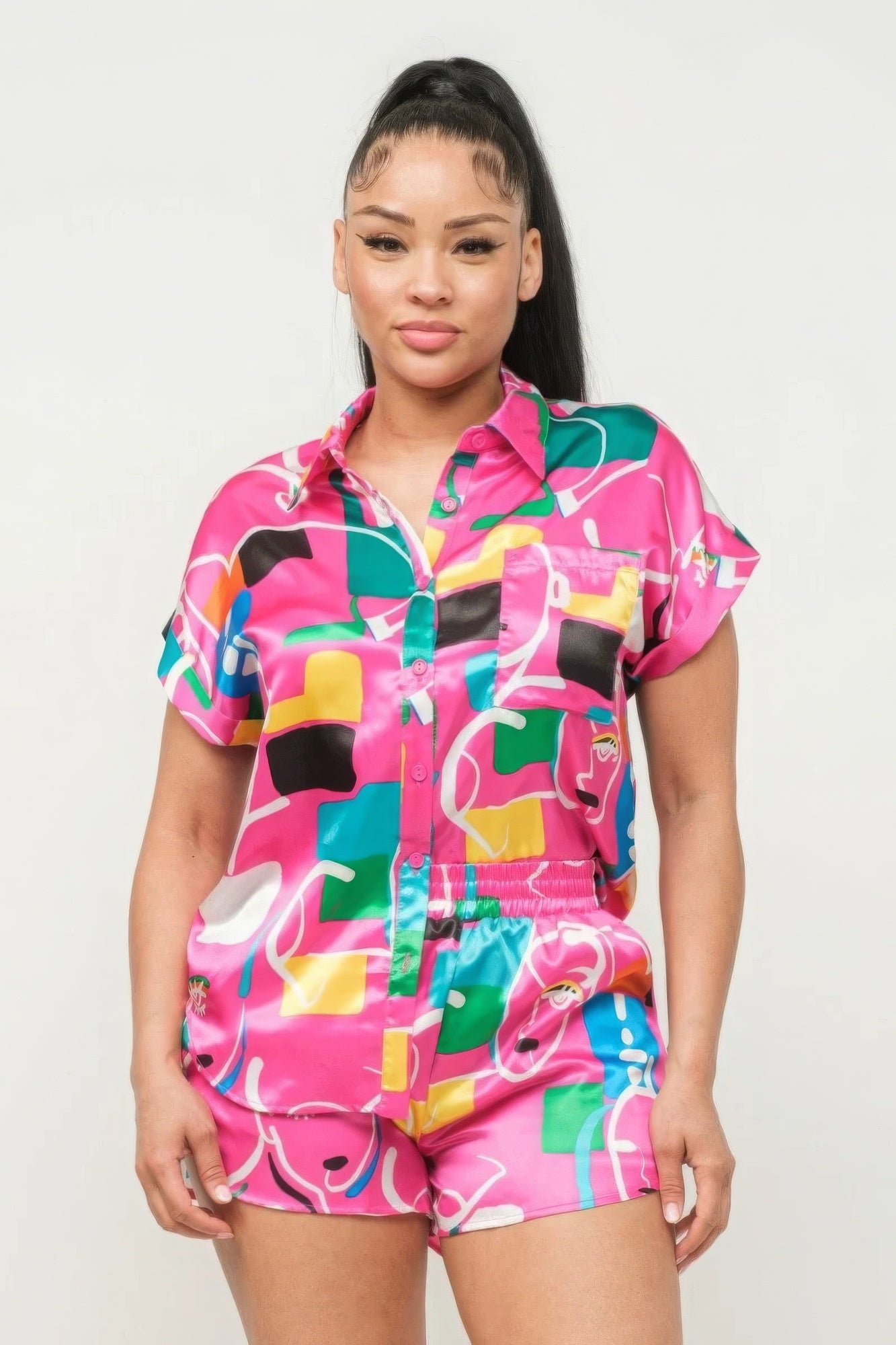 Satin Dolman Print Button Down Top And Shorts Set - ThingsWeUseAndLove 