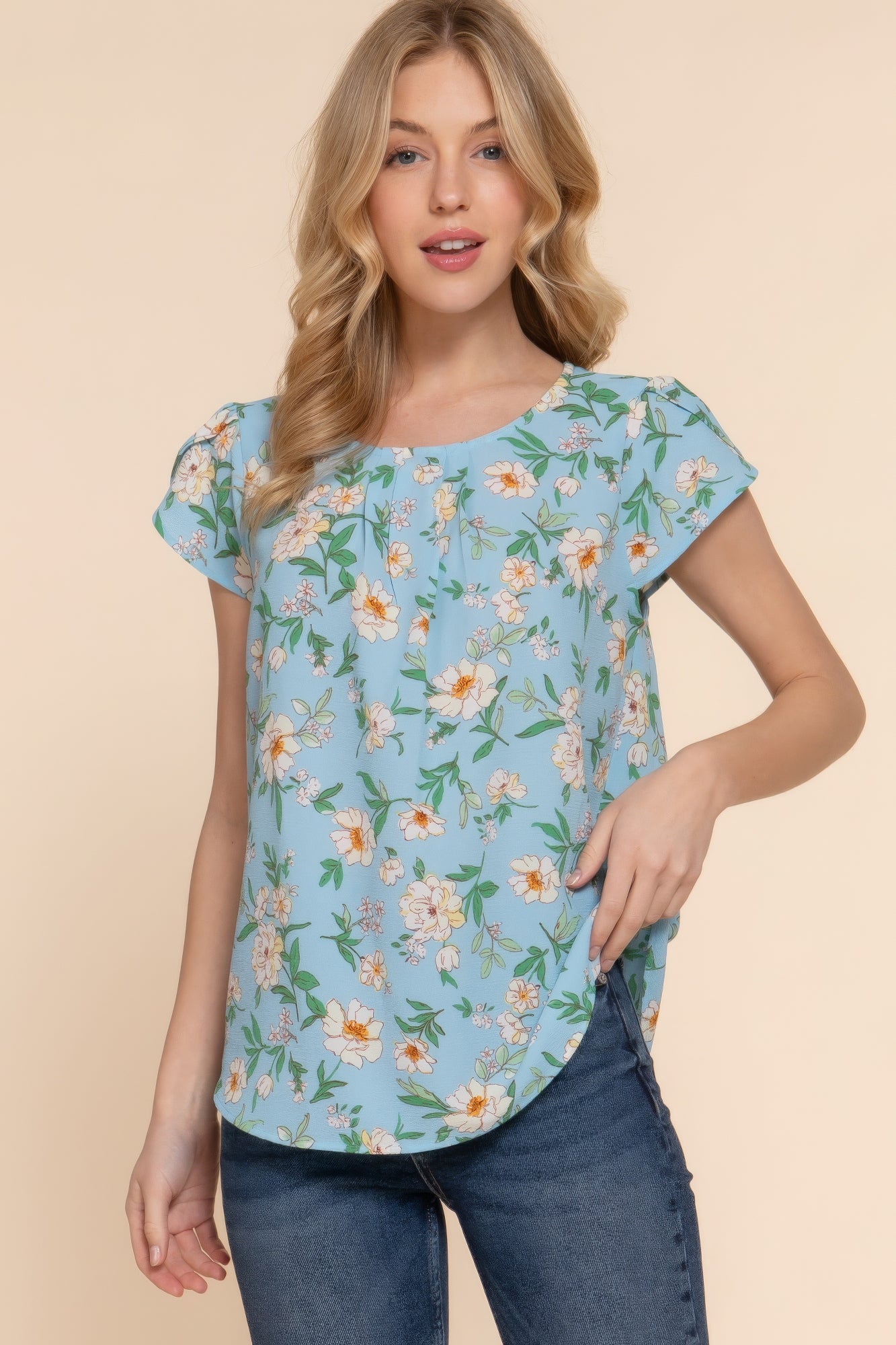 Short Tulip Slv Floral Print Woven Top - ThingsWeUseAndLove 