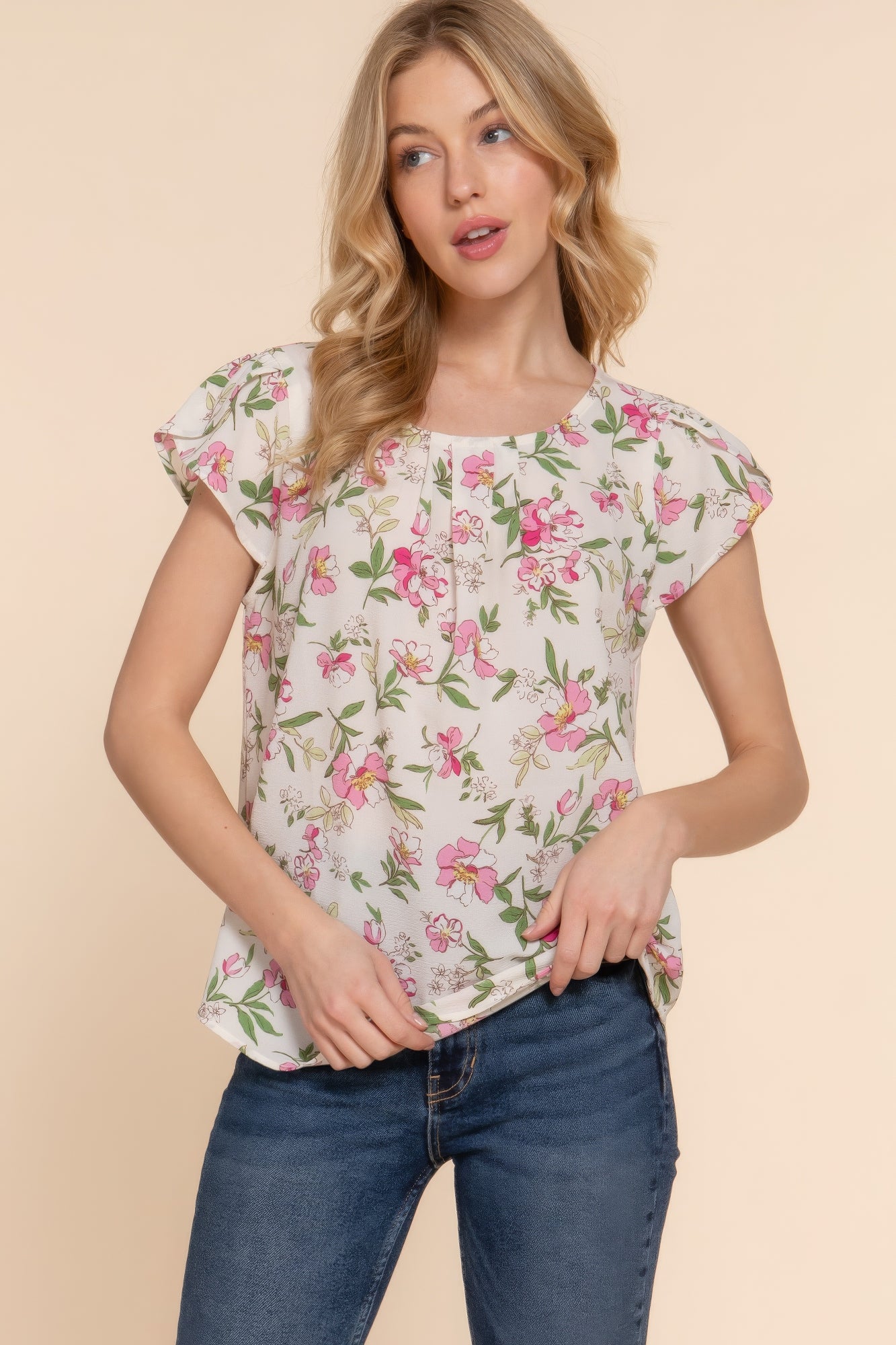 Short Tulip Slv Floral Print Woven Top - ThingsWeUseAndLove 