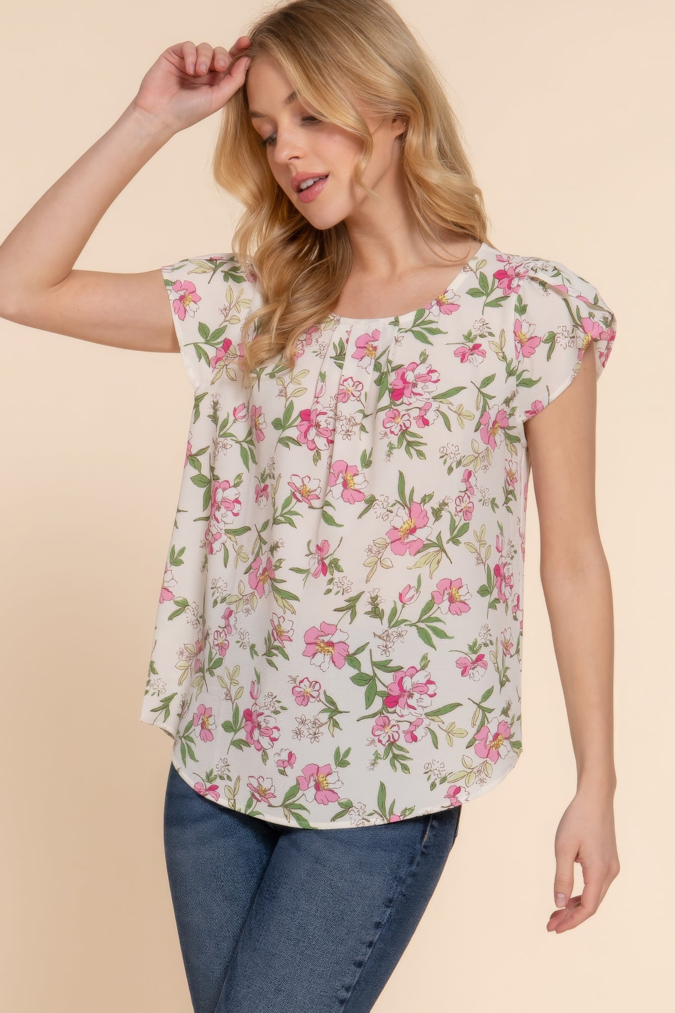 Short Tulip Slv Floral Print Woven Top - ThingsWeUseAndLove 