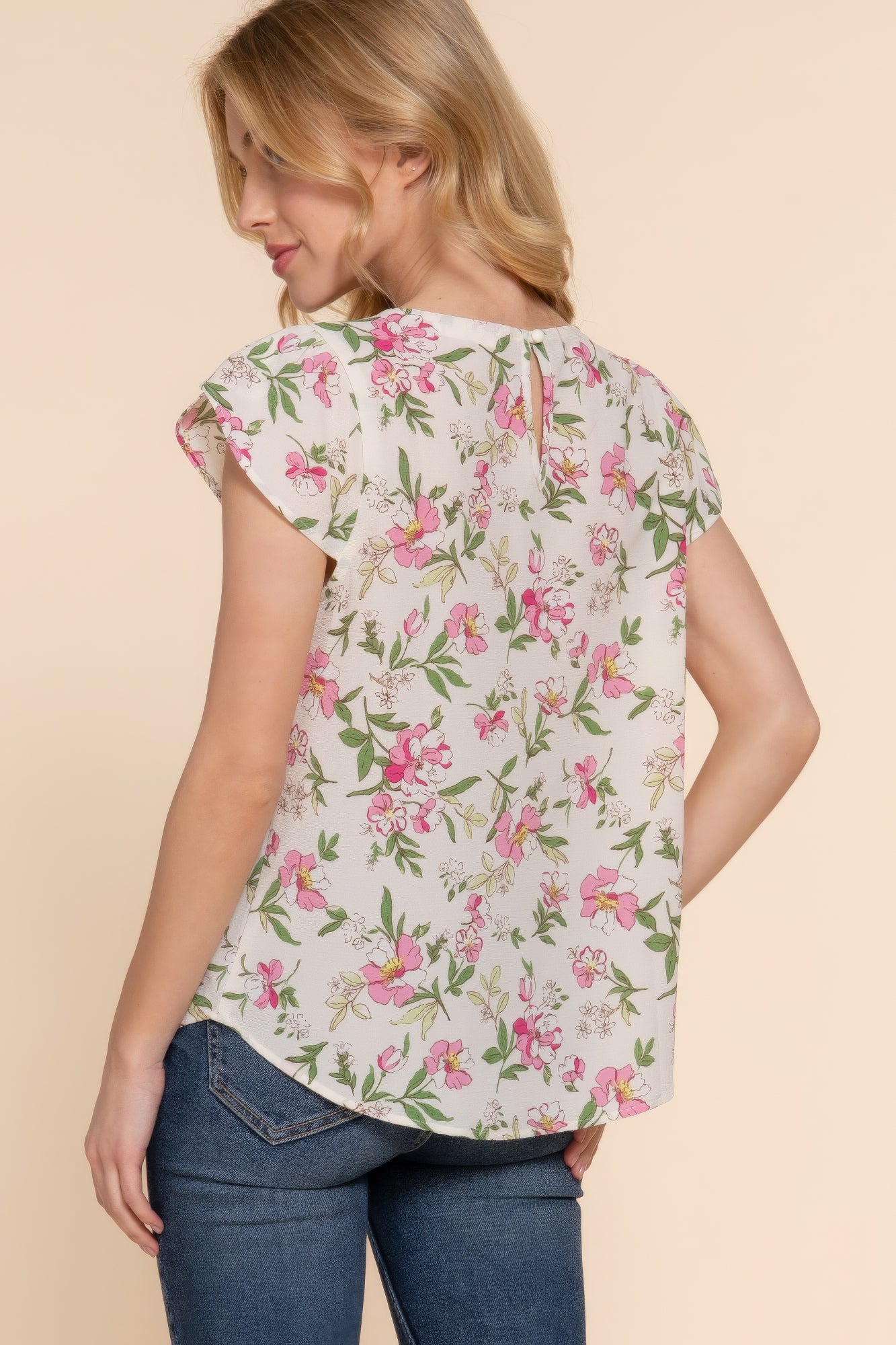 Short Tulip Slv Floral Print Woven Top - ThingsWeUseAndLove 