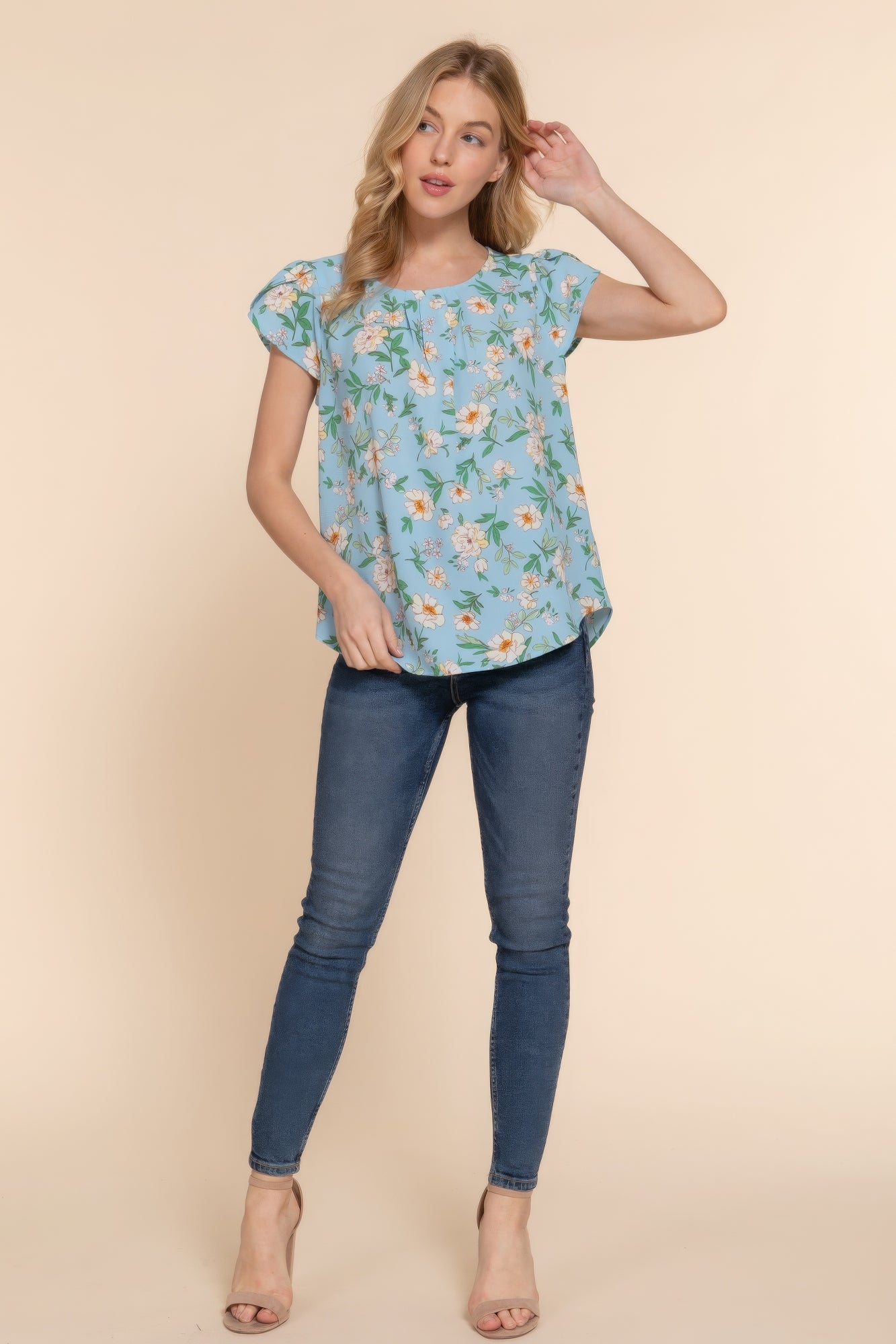 Short Tulip Slv Floral Print Woven Top - ThingsWeUseAndLove 