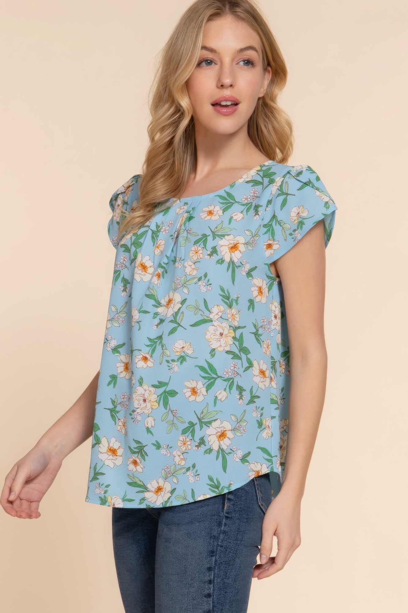 Short Tulip Slv Floral Print Woven Top - ThingsWeUseAndLove 