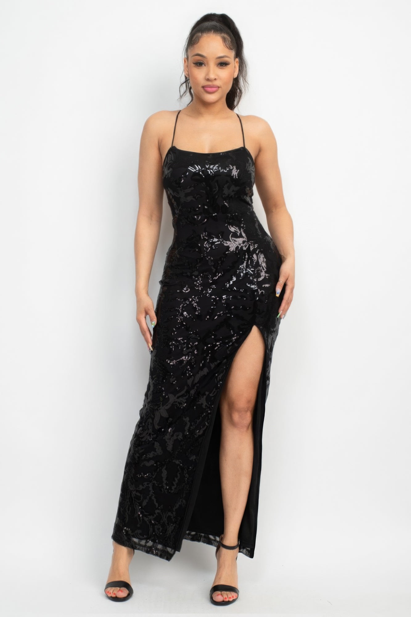 Sequin Back-crisscross Tie Slit Dress - ThingsWeUseAndLove 